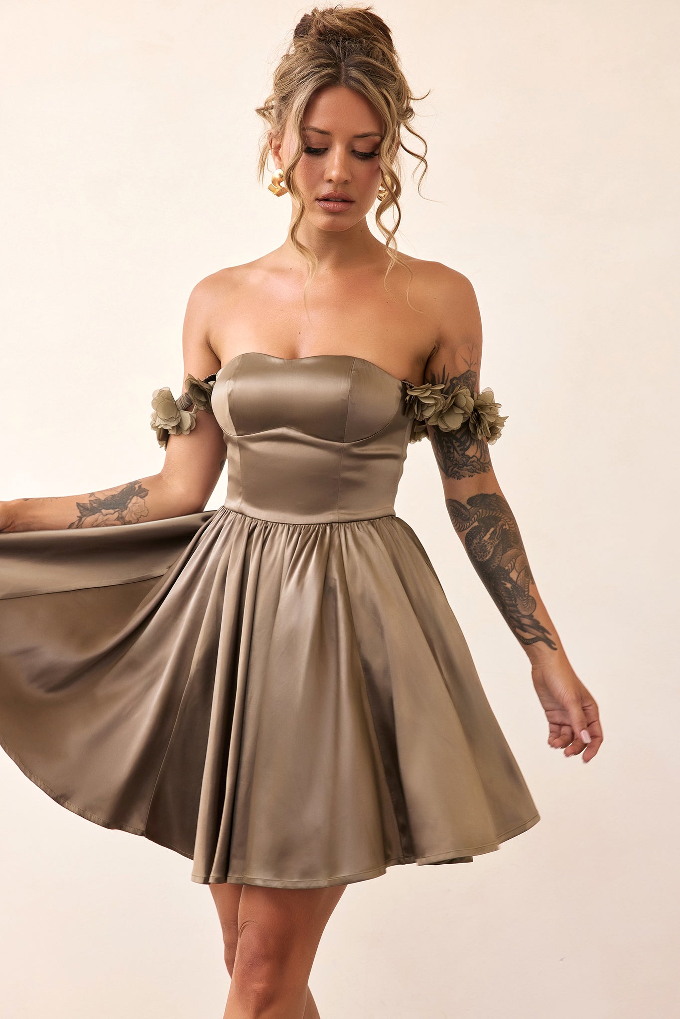 Soft Confession Satin Mini Dress - Olive Khaki