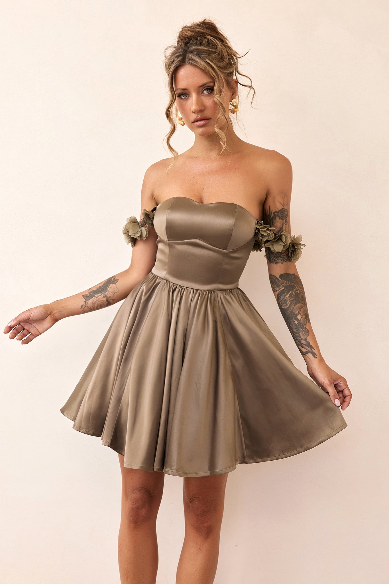 Soft Confession Satin Mini Dress - Olive Khaki