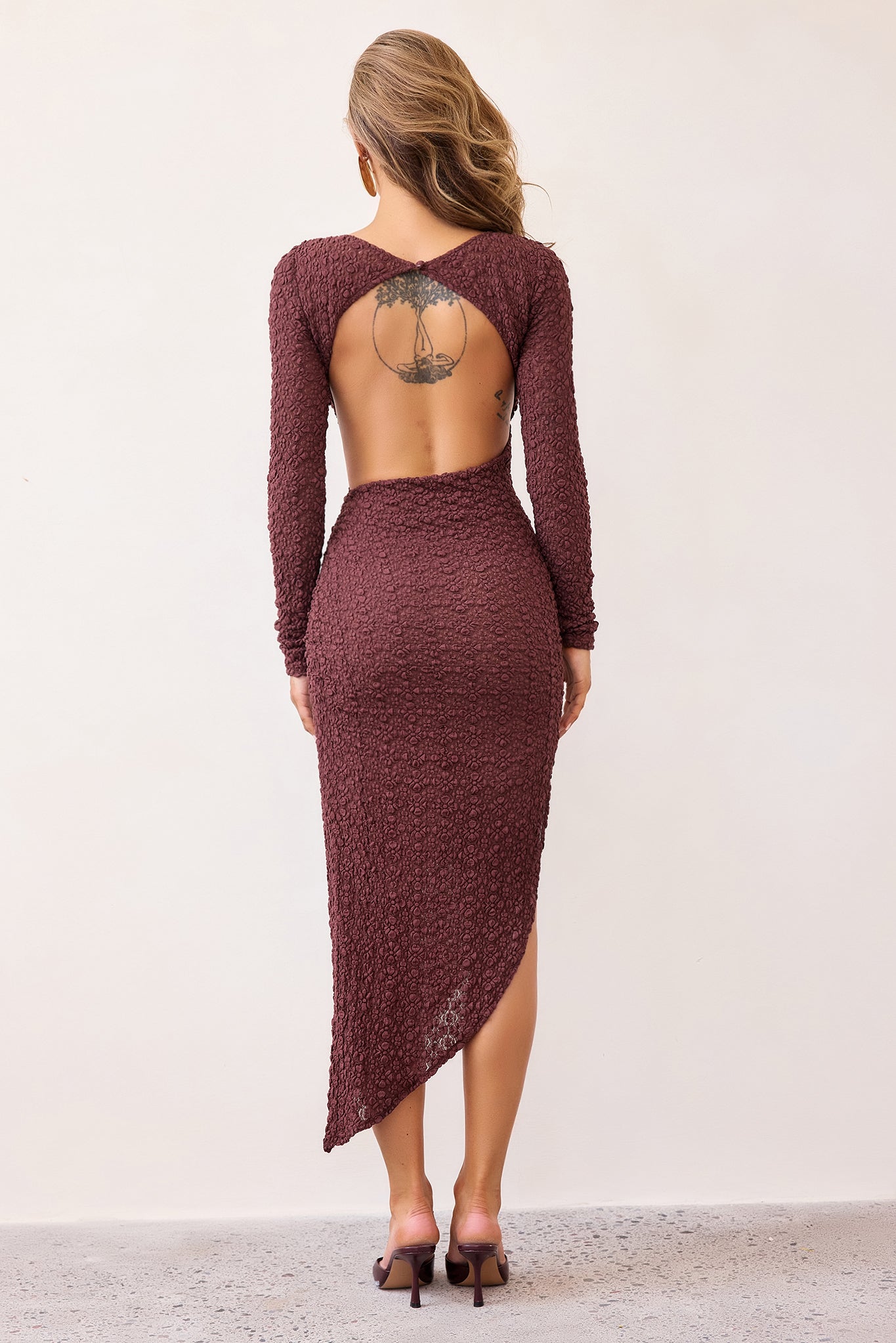 Nocturne Allure Textured Lace Midi Dress - Cocoa