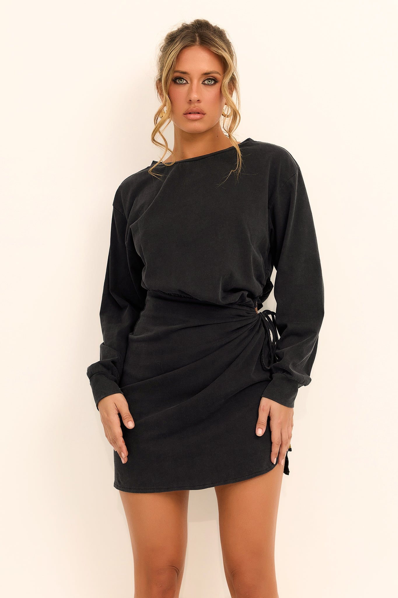 Afterglow Drape Cotton Mini Dress - Washed Black