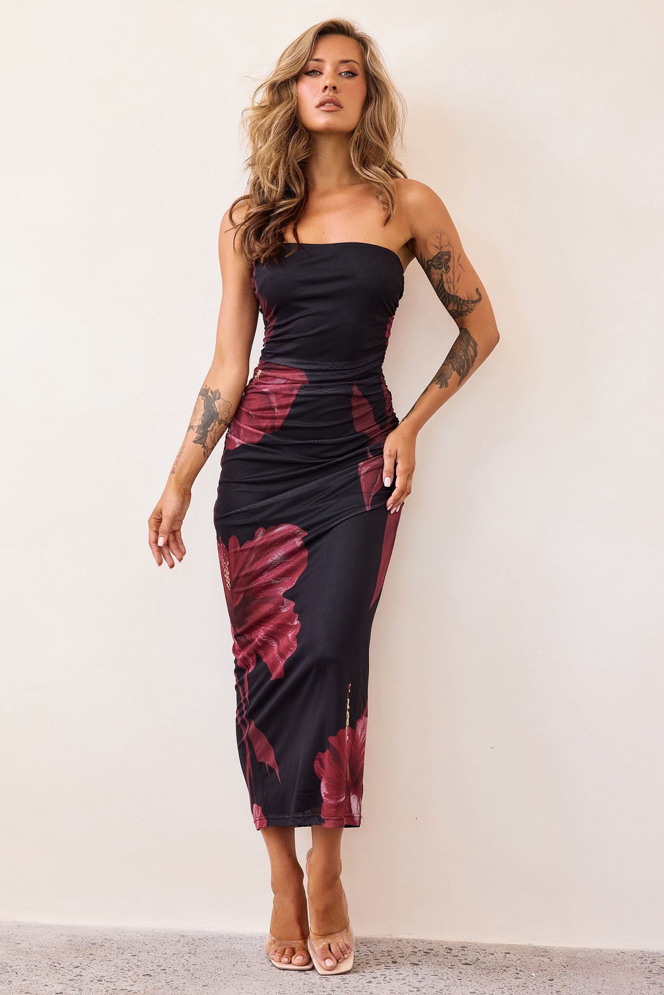 Crimson Whisper Mesh Midi Dress - Black