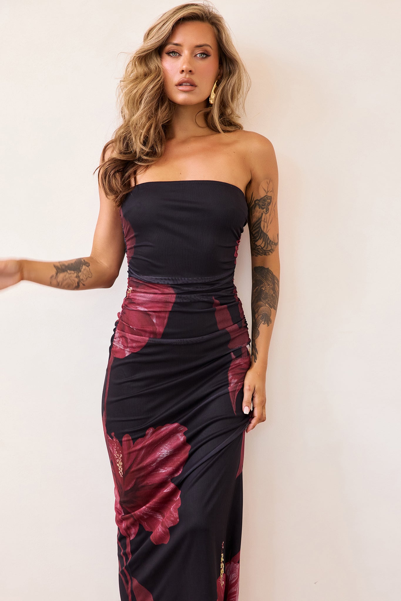 Crimson Whisper Mesh Midi Dress - Black