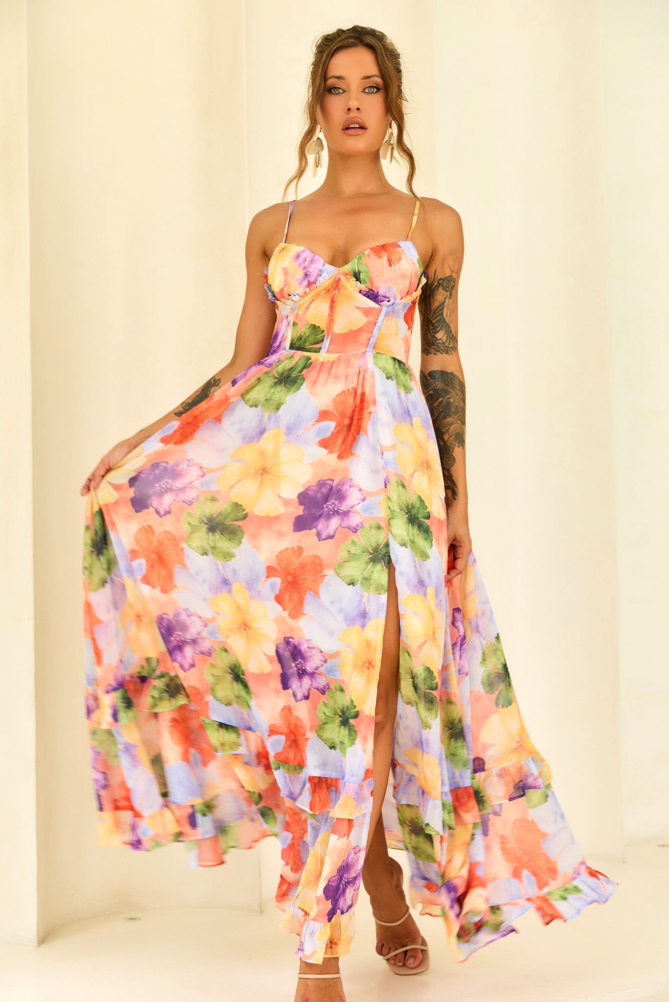 Azure Bloom Chiffon Maxi Dress - Orange Multi