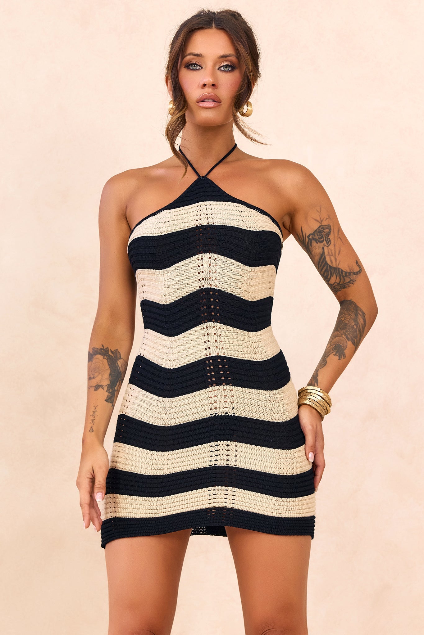 Coastal Waves Crochet Mini Dress - Black Beige