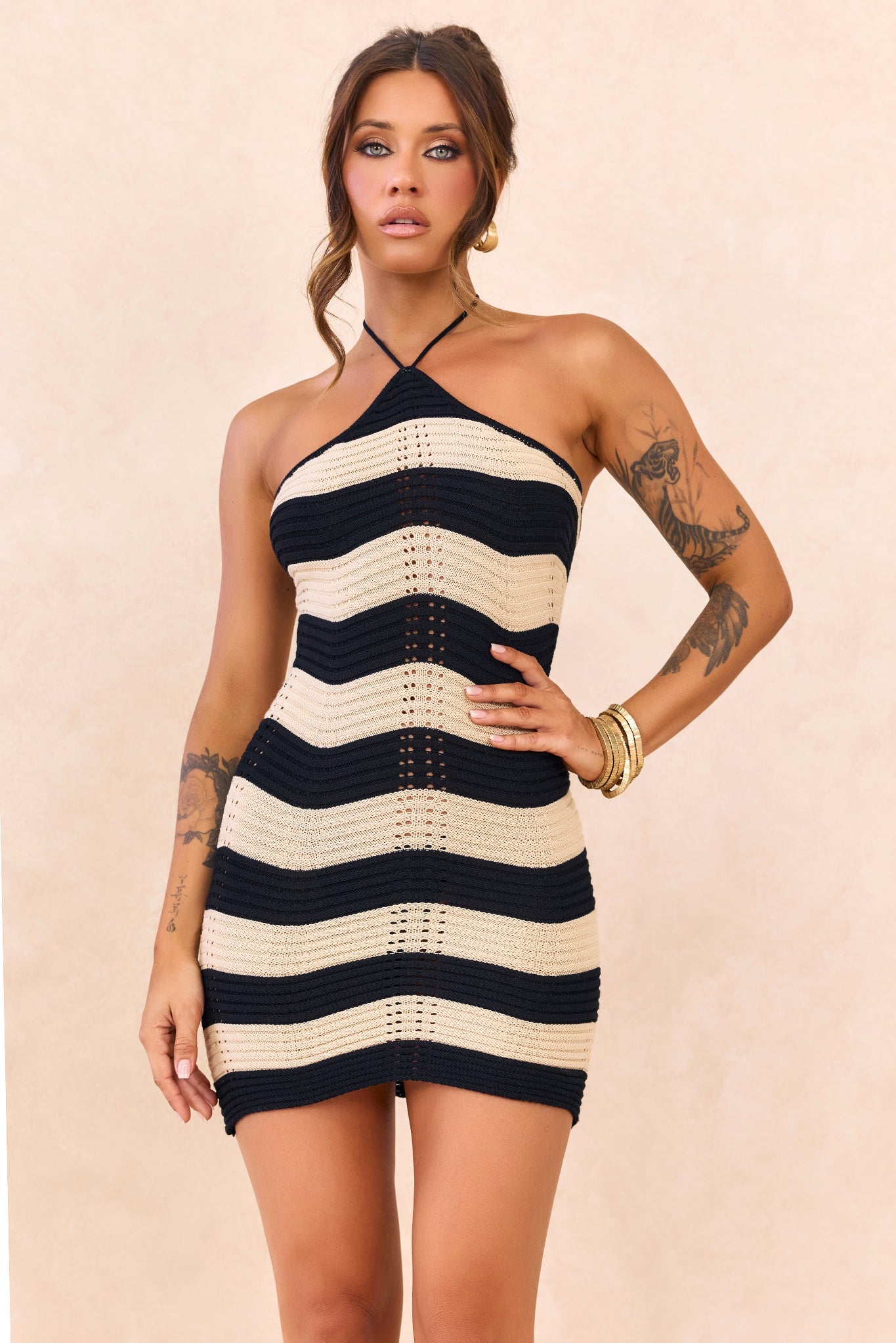 Coastal Waves Crochet Mini Dress - Black Beige