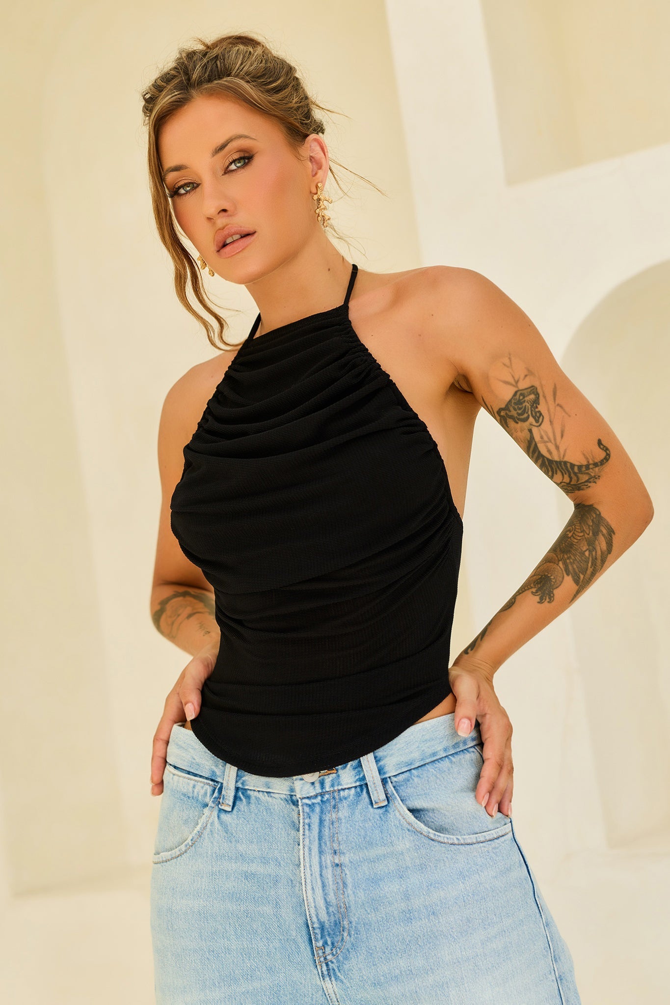 Contour Drape Ribbed Mesh Halter Top - Black