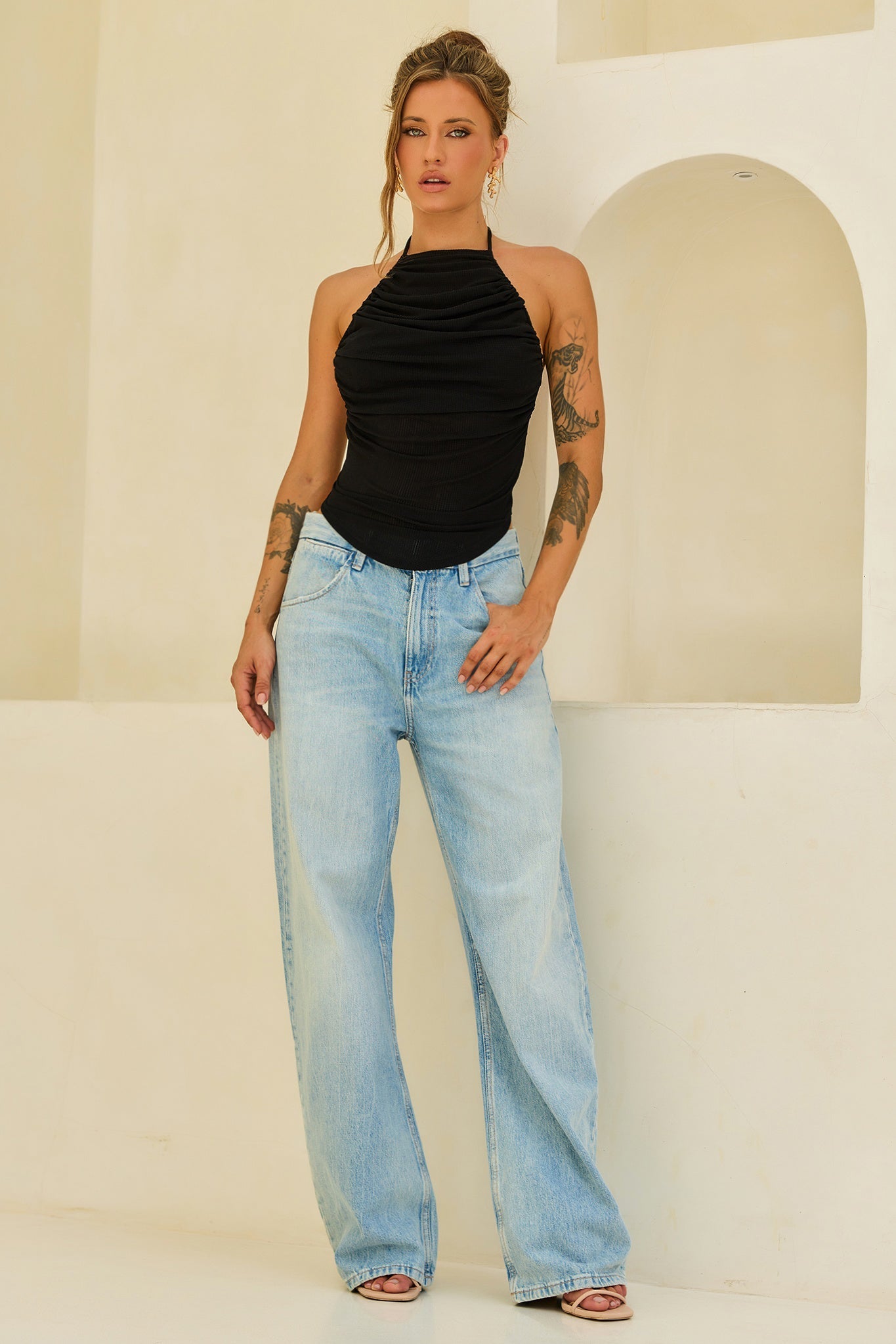 Contour Drape Ribbed Mesh Halter Top - Black