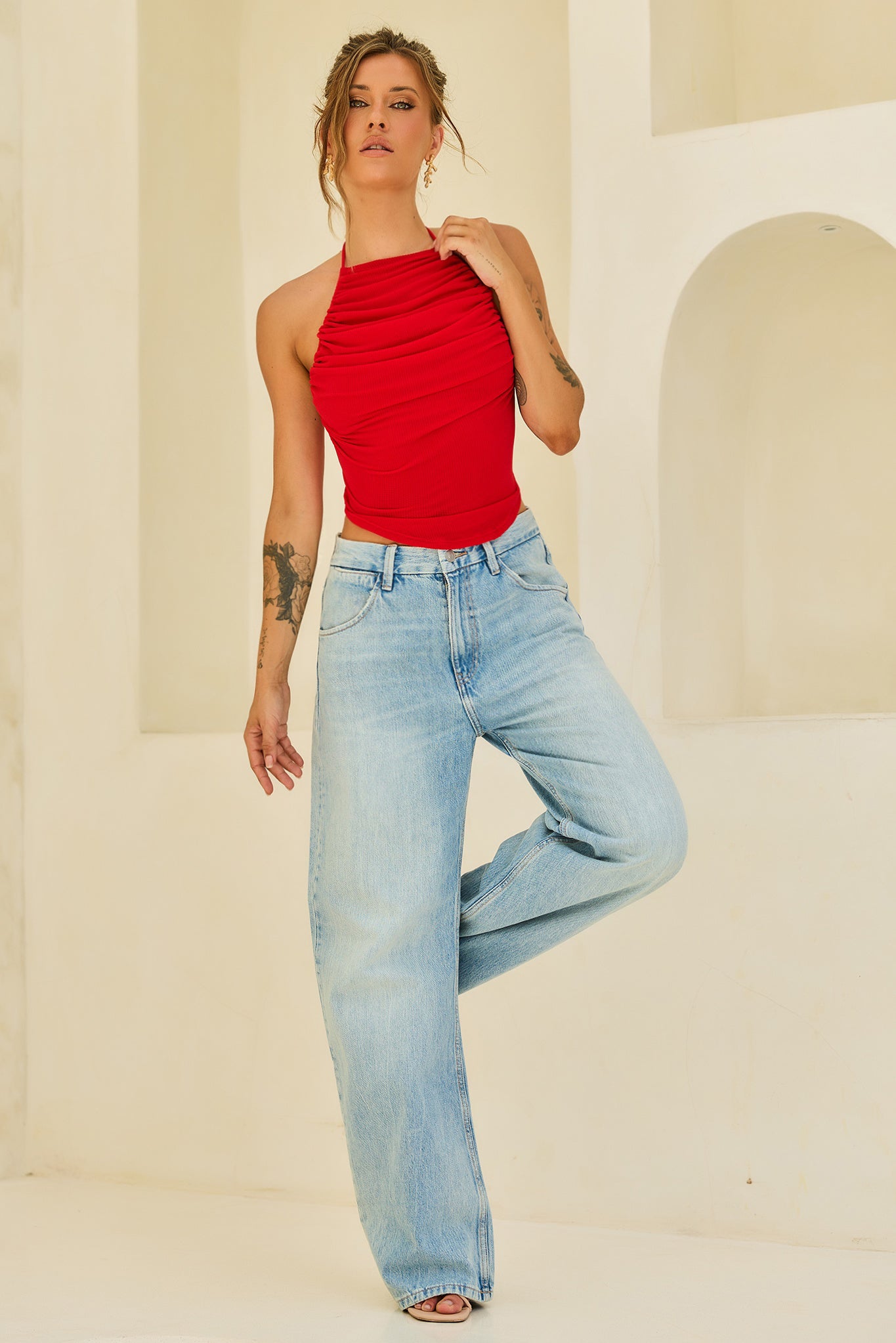 Contour Drape Ribbed Mesh Halter Top - Red