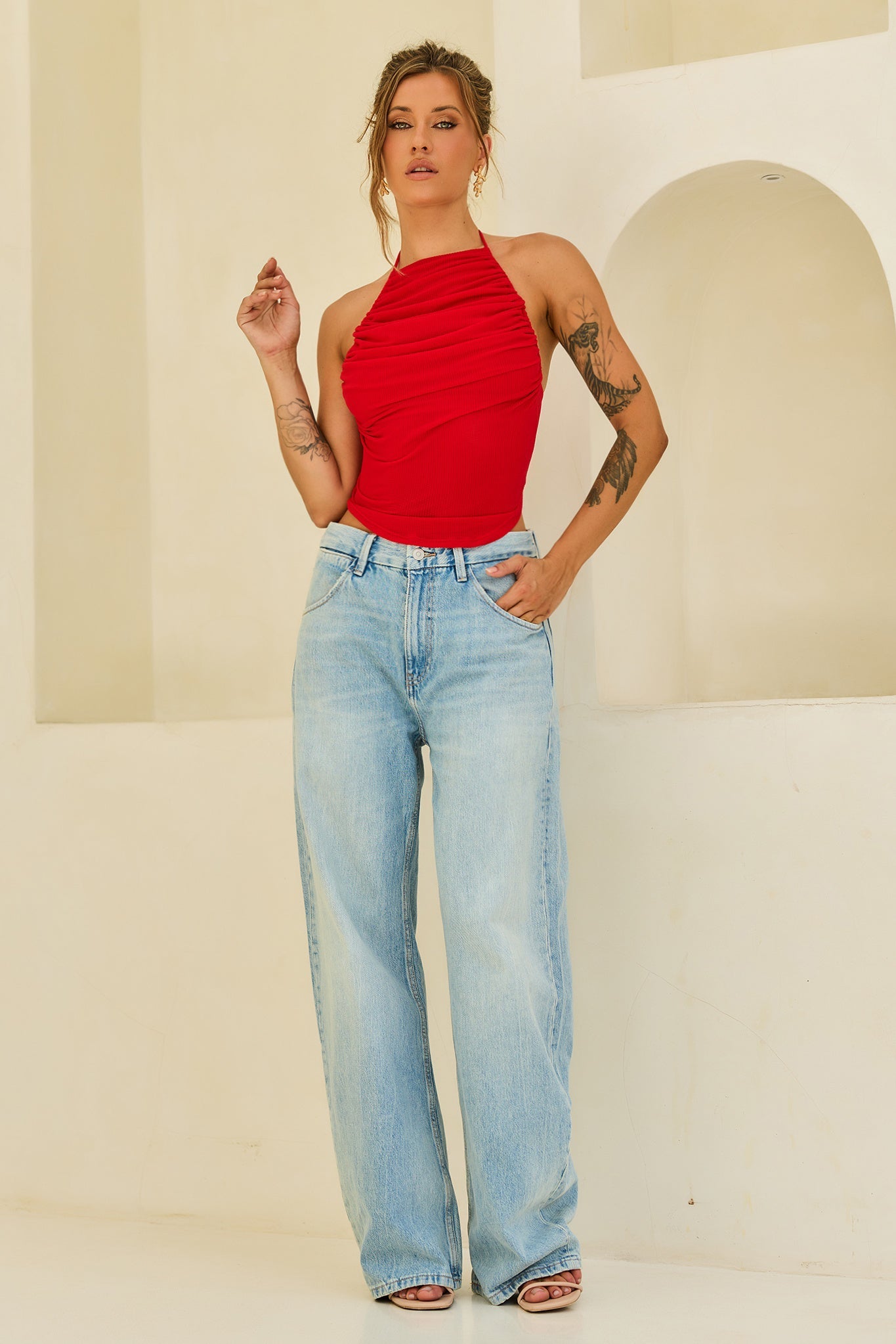 Contour Drape Ribbed Mesh Halter Top - Red