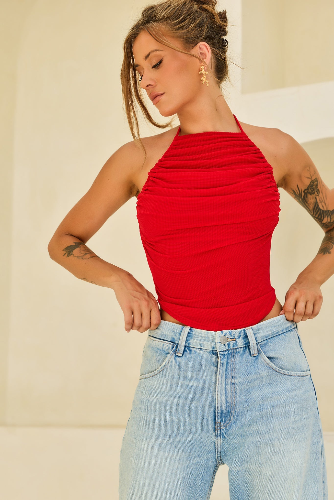 Contour Drape Ribbed Mesh Halter Top - Red