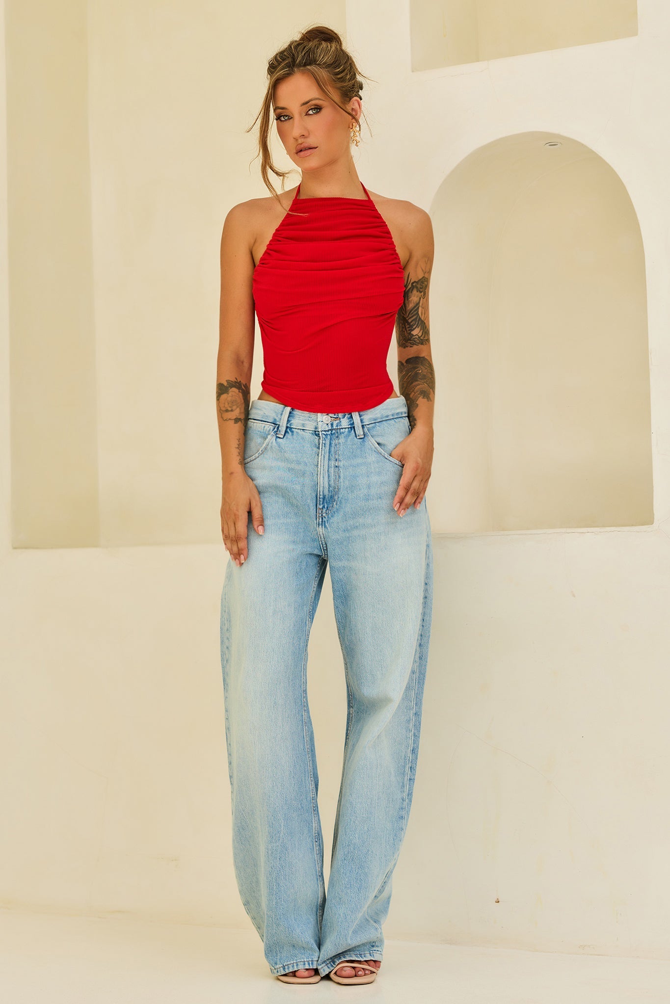 Contour Drape Ribbed Mesh Halter Top - Red