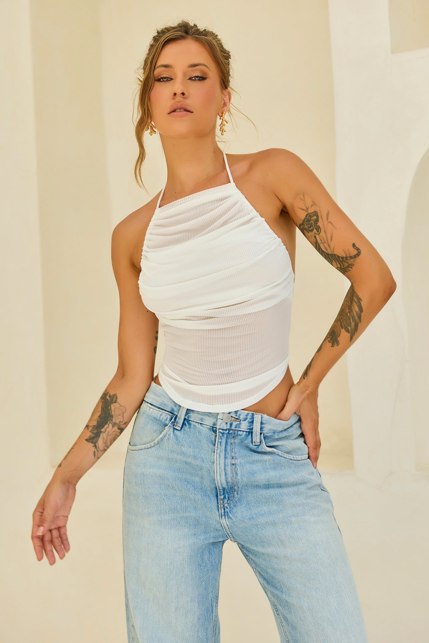 Contour Drape Ribbed Mesh Halter Top - White