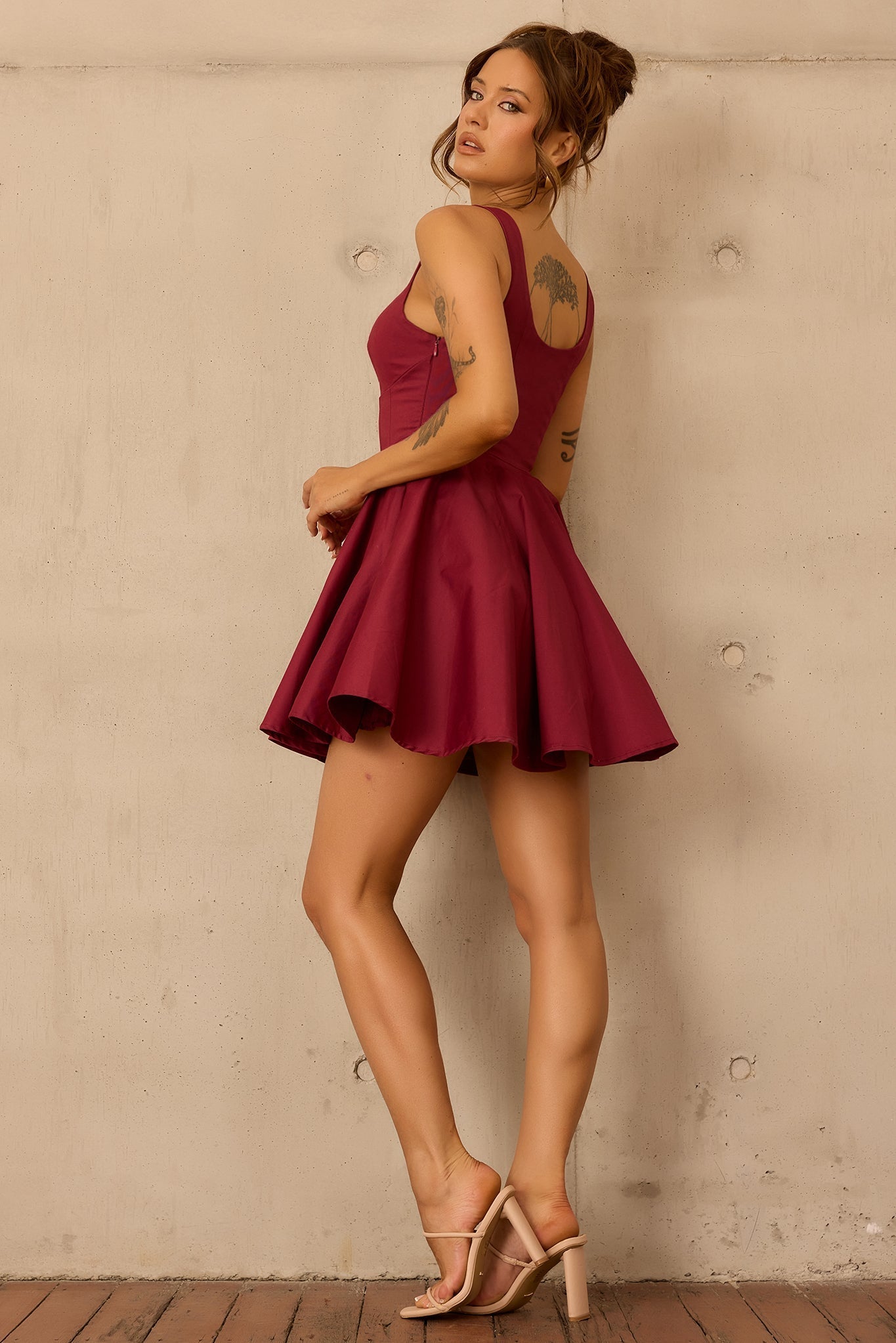Crimson Whirl Woven Mini Dress - Wine