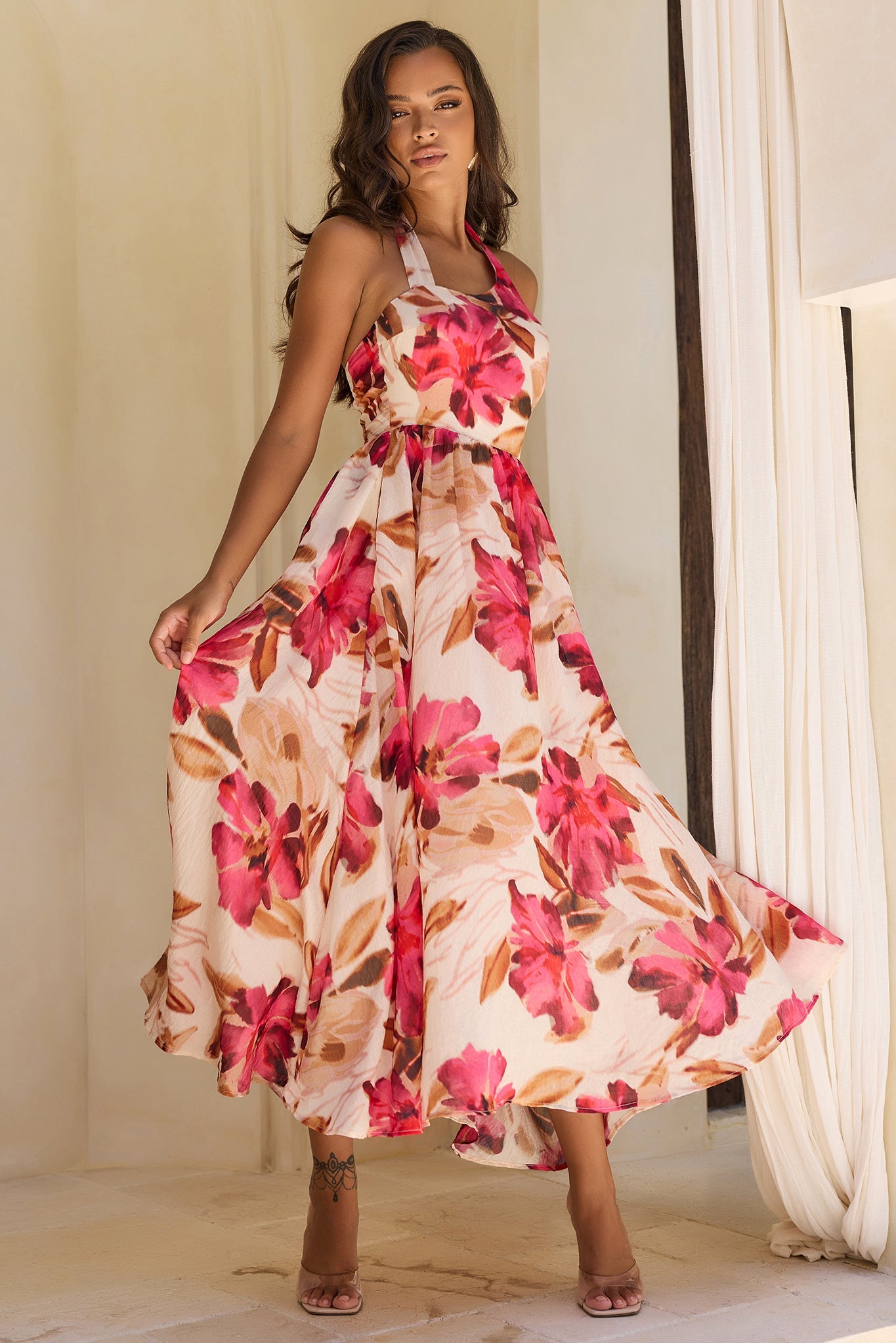 Crimson Whisper Woven Midi Dress - Wine Multi
