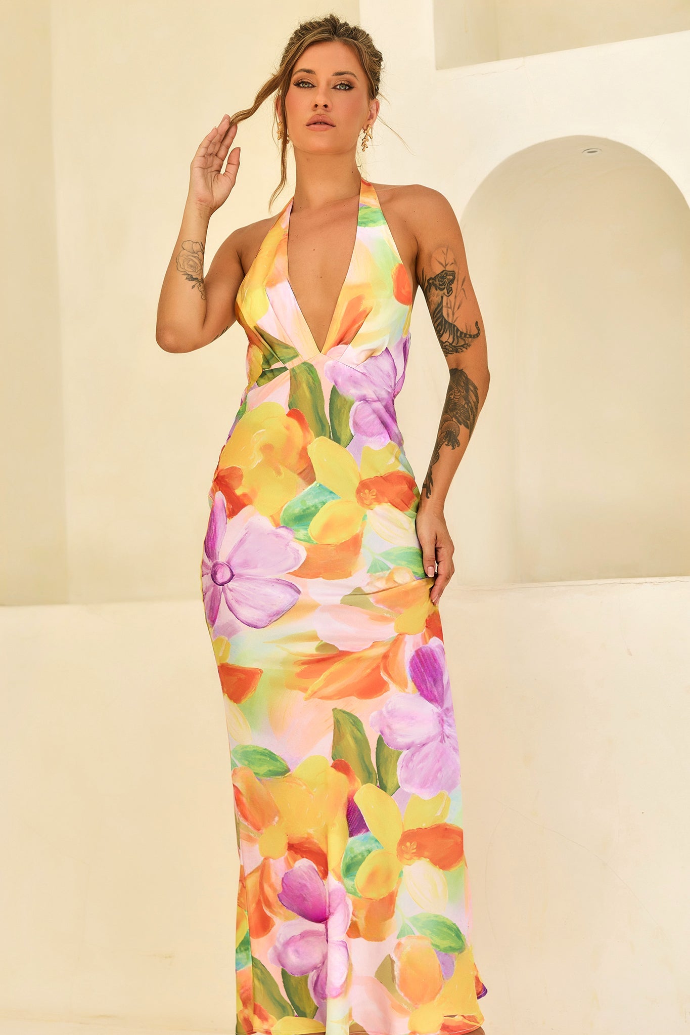 Dream State Satin Maxi Dress - Orange Multi