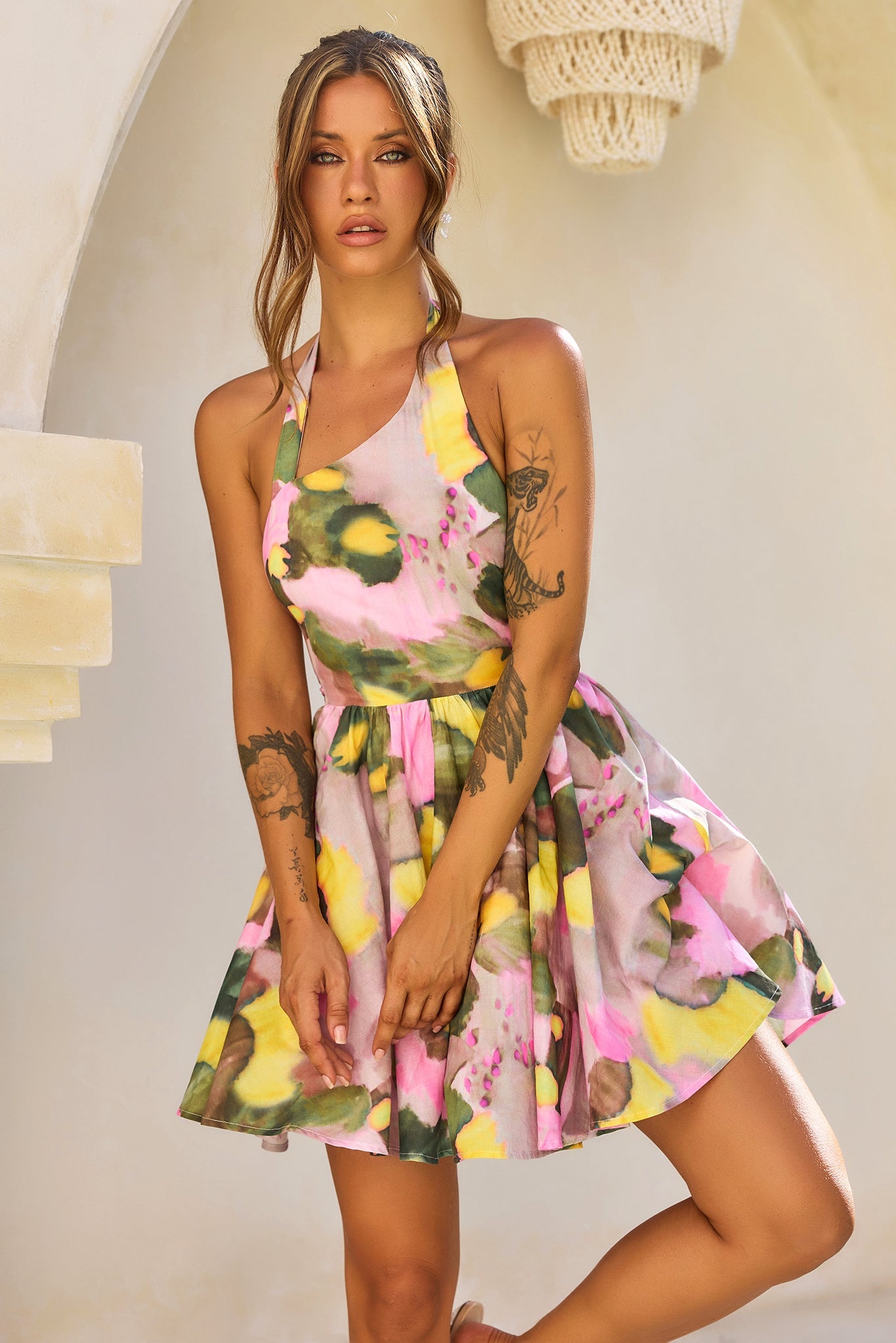 Eden Bloom Halter Woven Mini Dress - Pink Multi