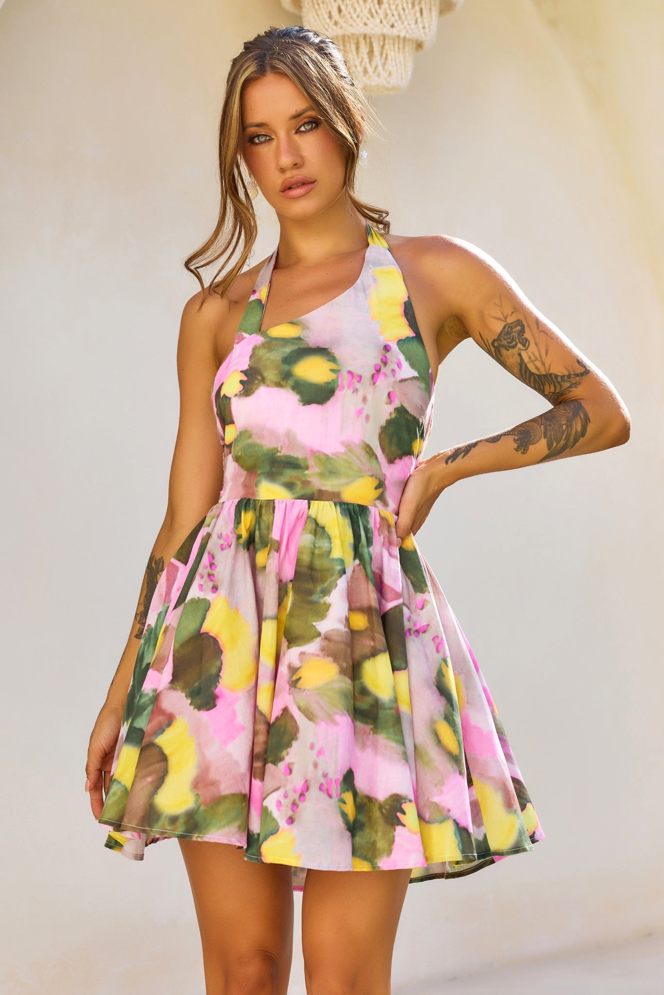 Eden Bloom Halter Woven Mini Dress - Pink Multi