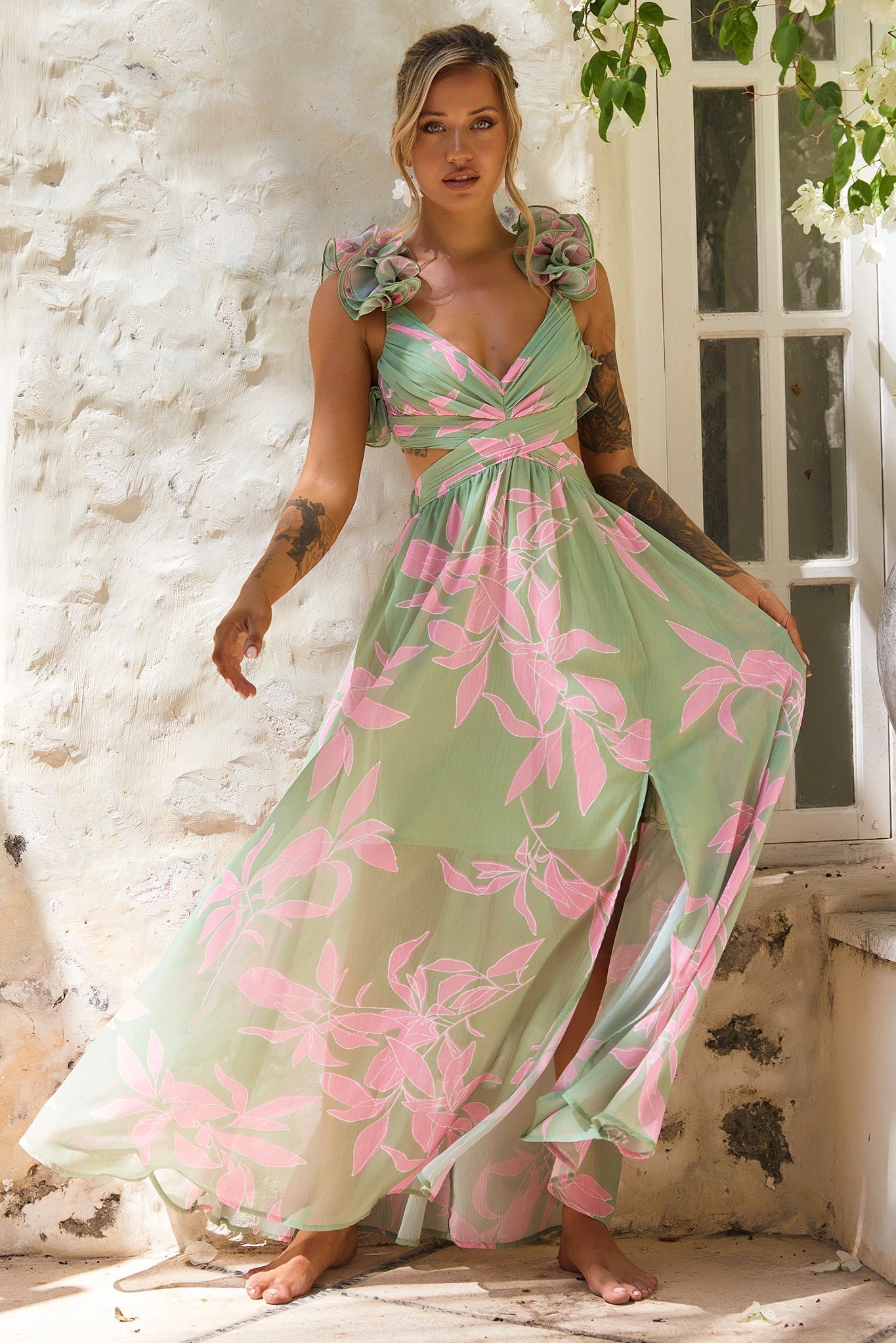 Ethereal Blossom Maxi Dress - Sage Multi