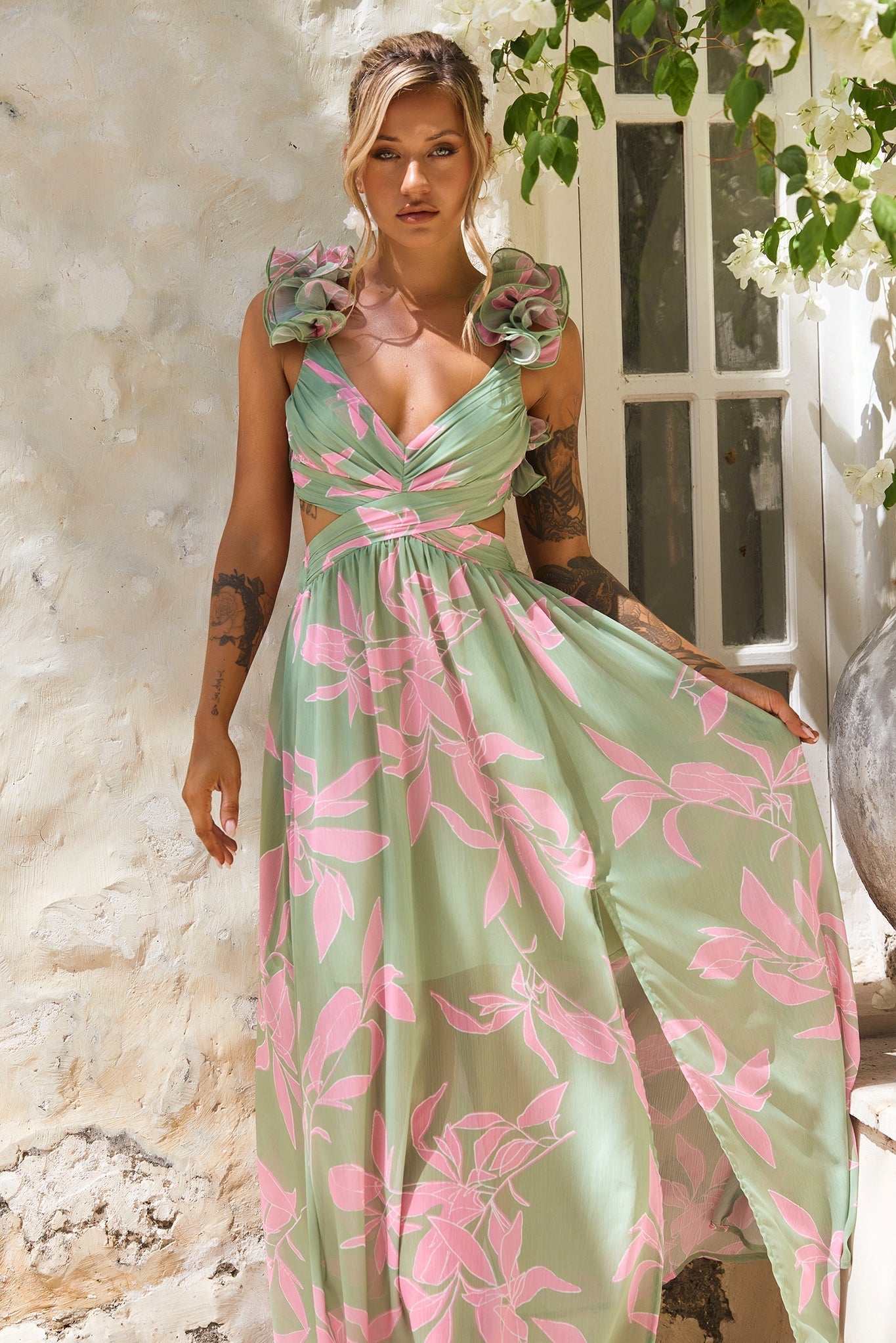 Ethereal Blossom Maxi Dress - Sage Multi