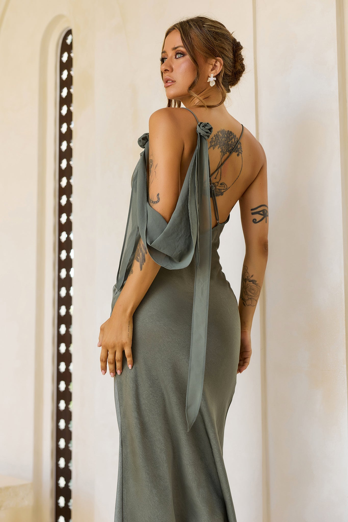 Glow Up Moment Satin Maxi Dress - Olive