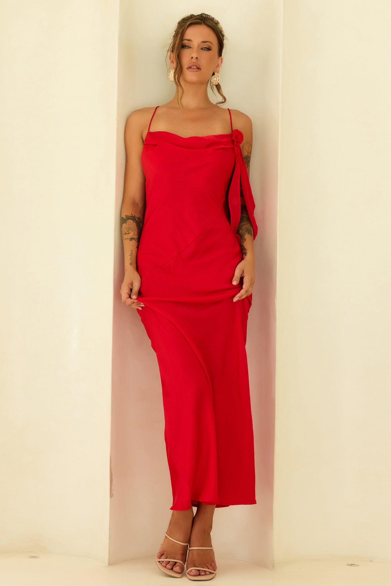 Glow Up Moment Satin Maxi Dress - Red