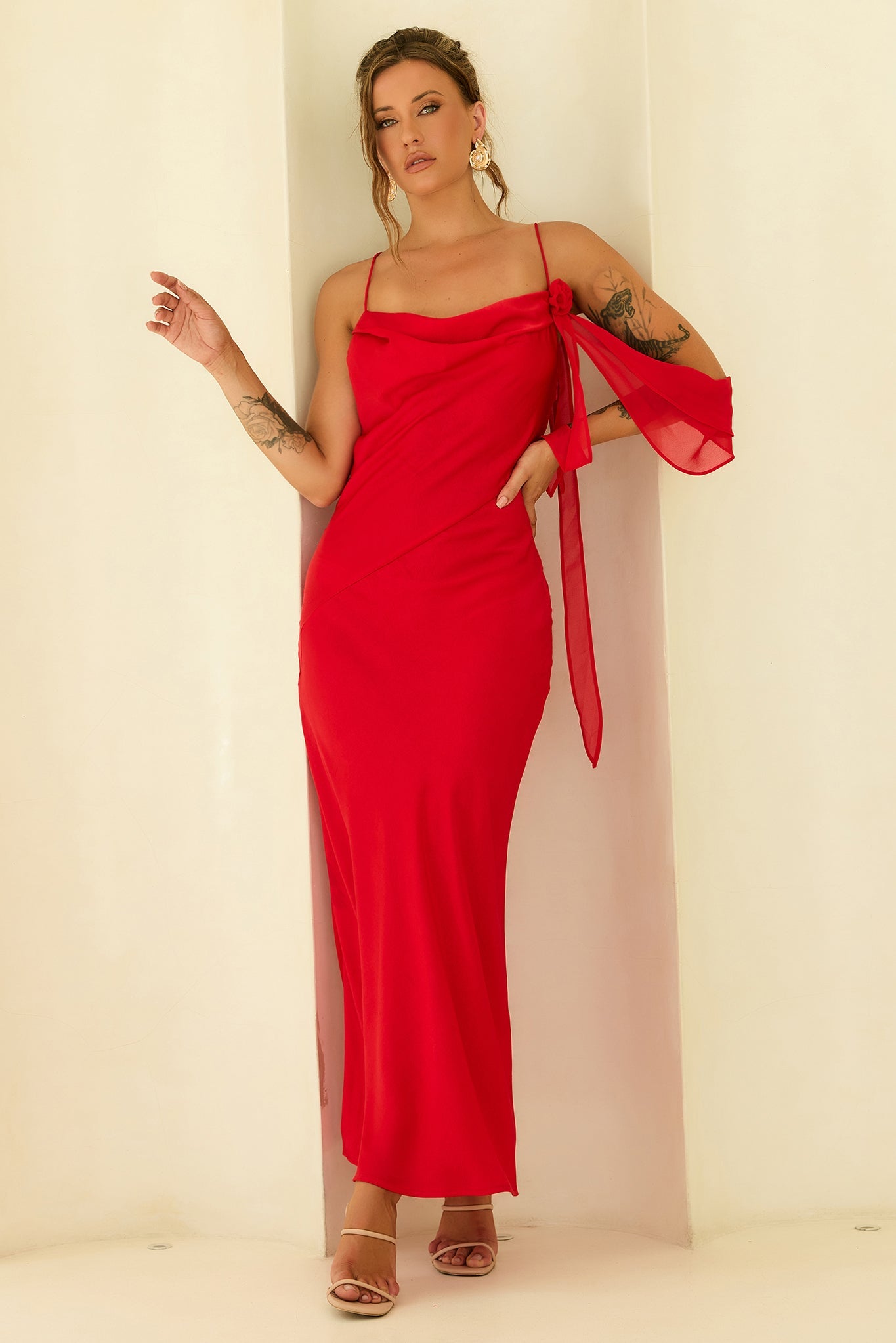 Glow Up Moment Satin Maxi Dress - Red