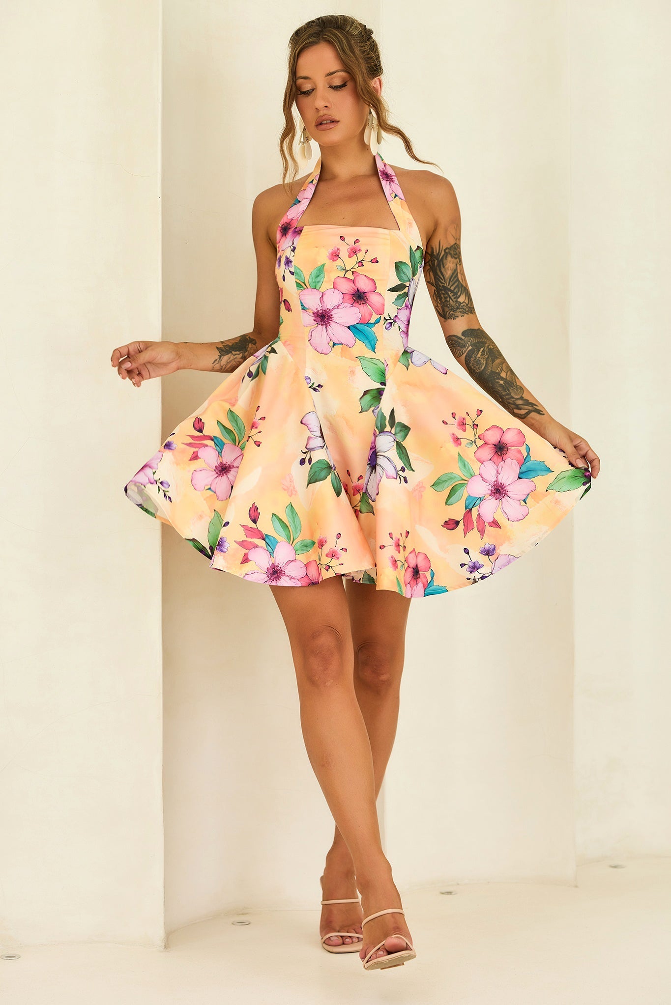 Golden Petal Woven Halter Mini Dress - Yellow Multi