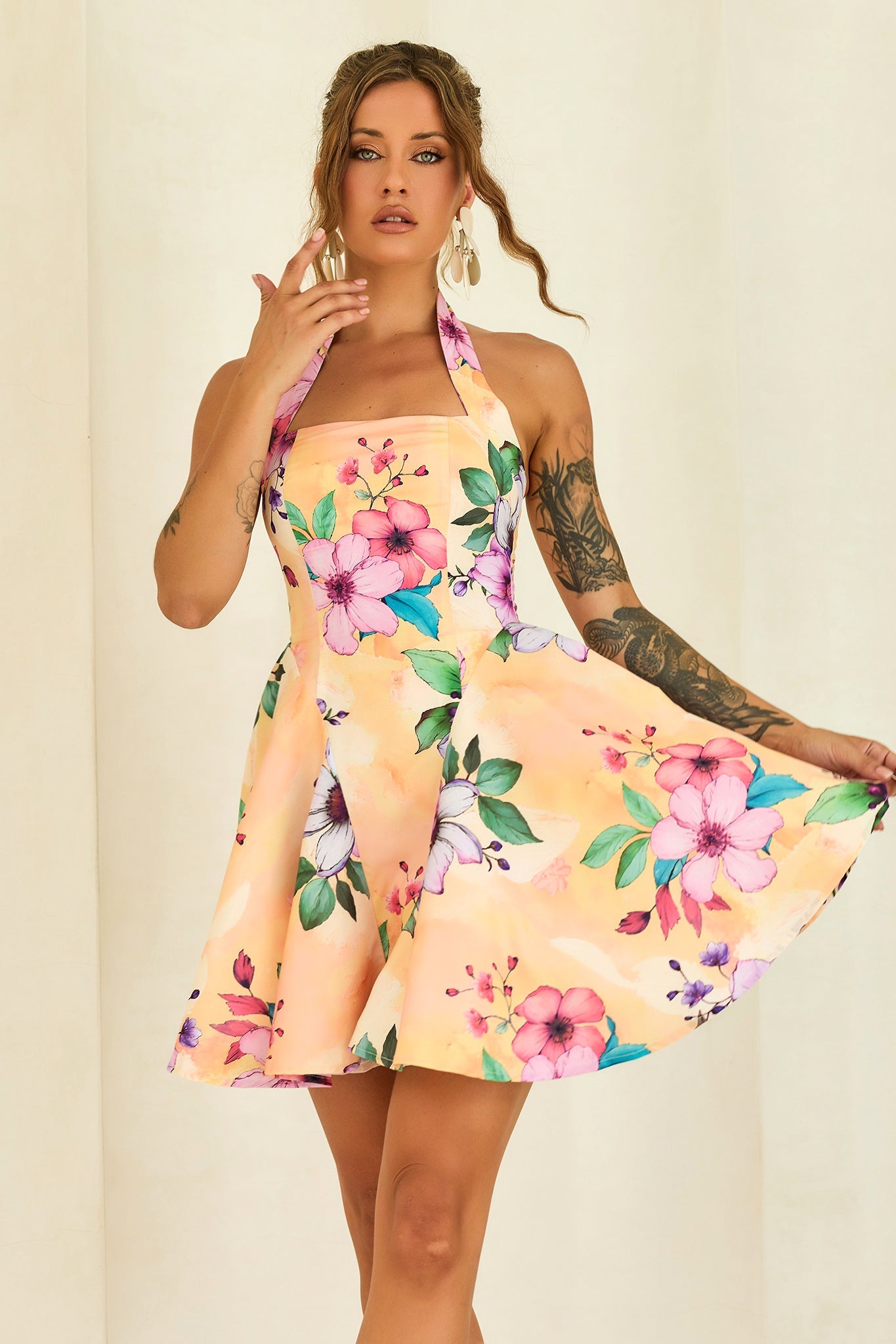 Golden Petal Woven Halter Mini Dress - Yellow Multi