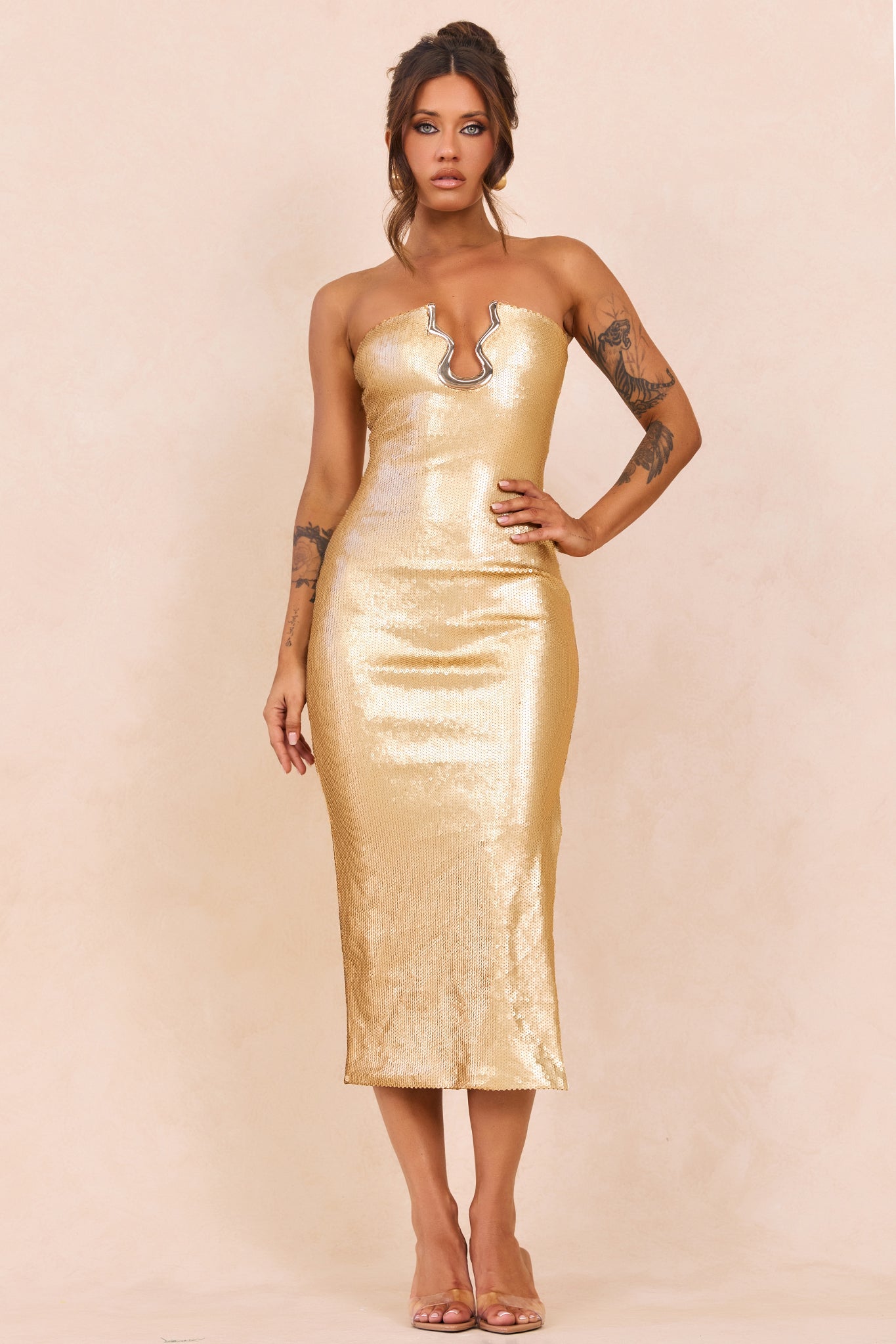 Midnight Siren Sequin Midi Dress - Gold