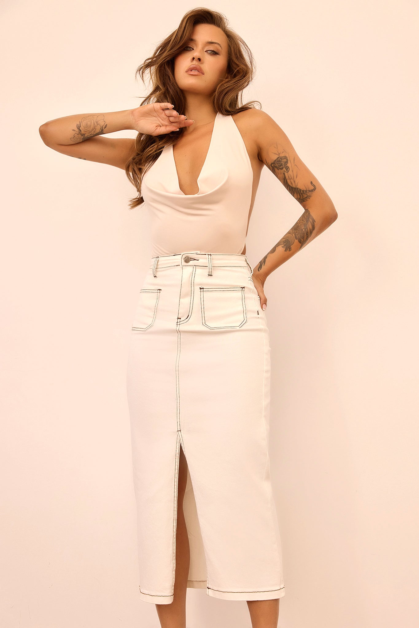 Morning Sky Denim Midi Skirt - White