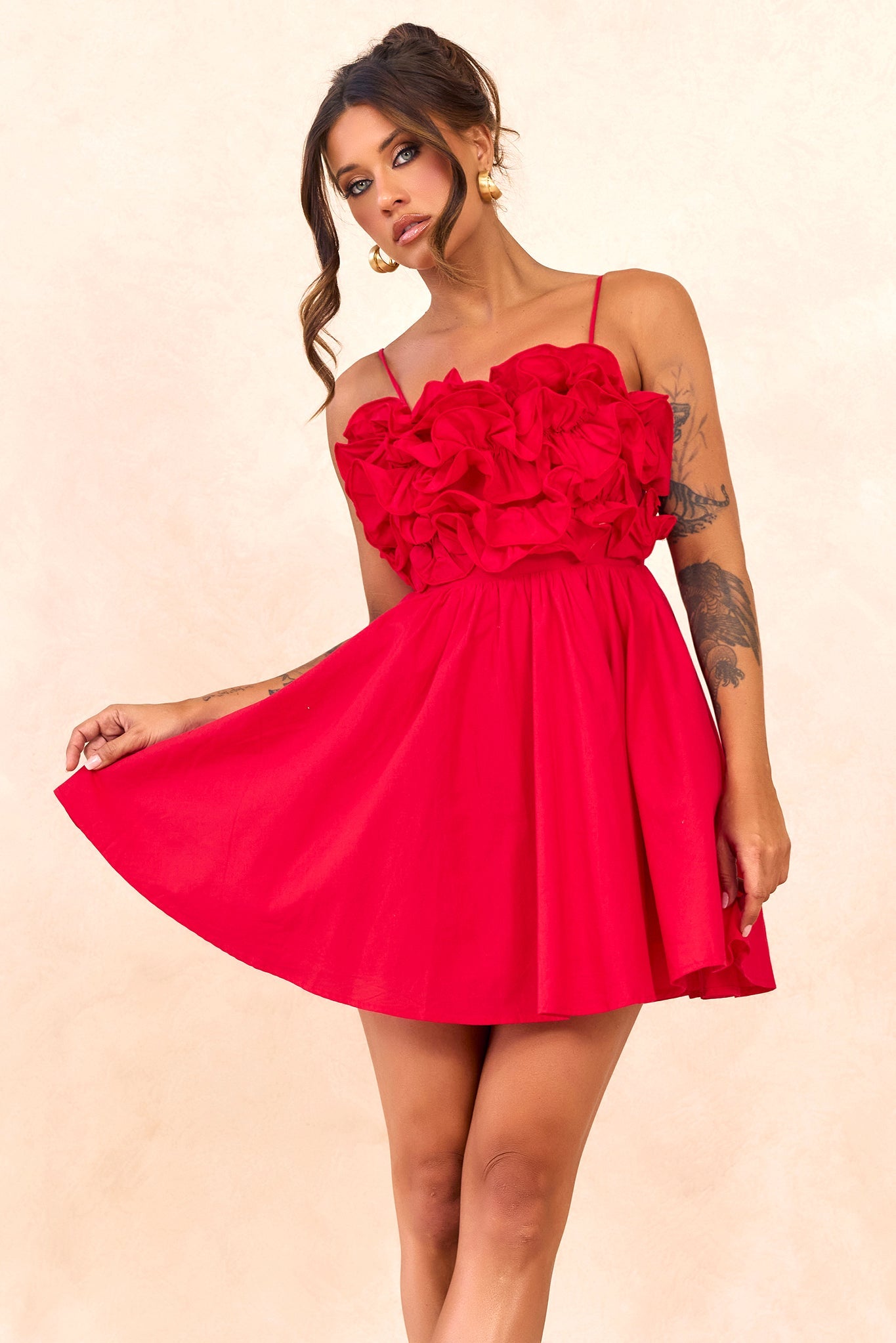 Petal Whirl Cotton Mini Dress - Red