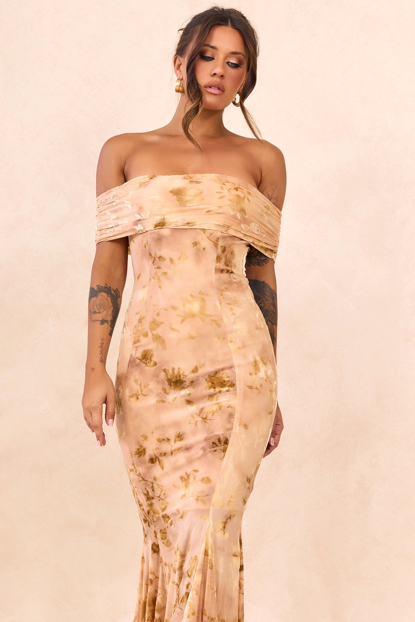 Serina Flocked Mesh Maxi Dress - Nude