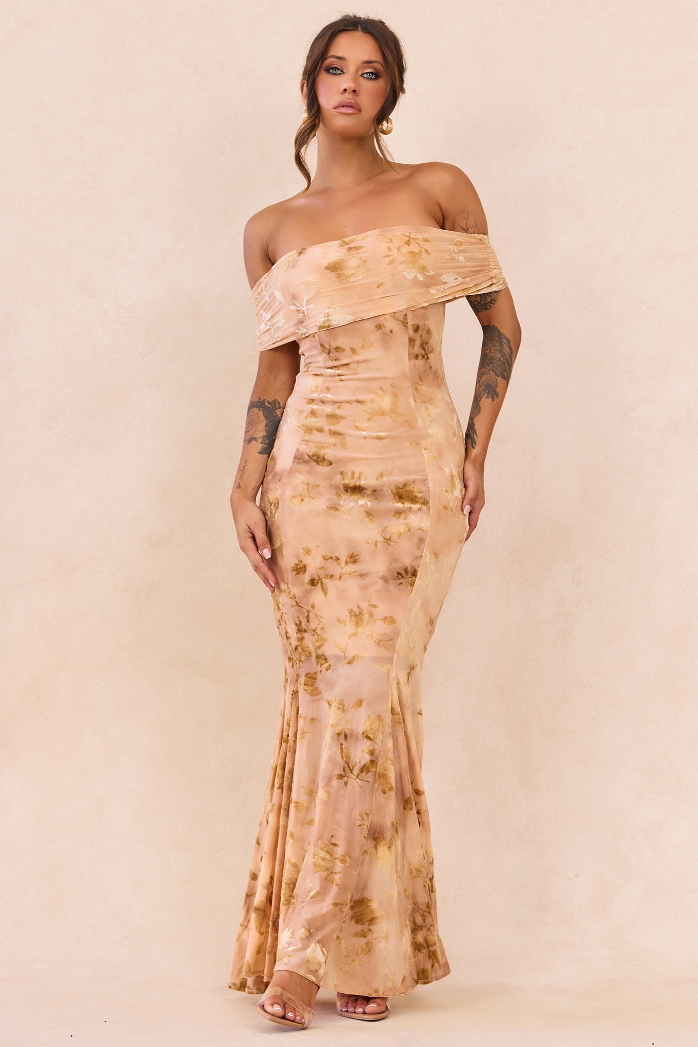Serina Flocked Mesh Maxi Dress - Nude