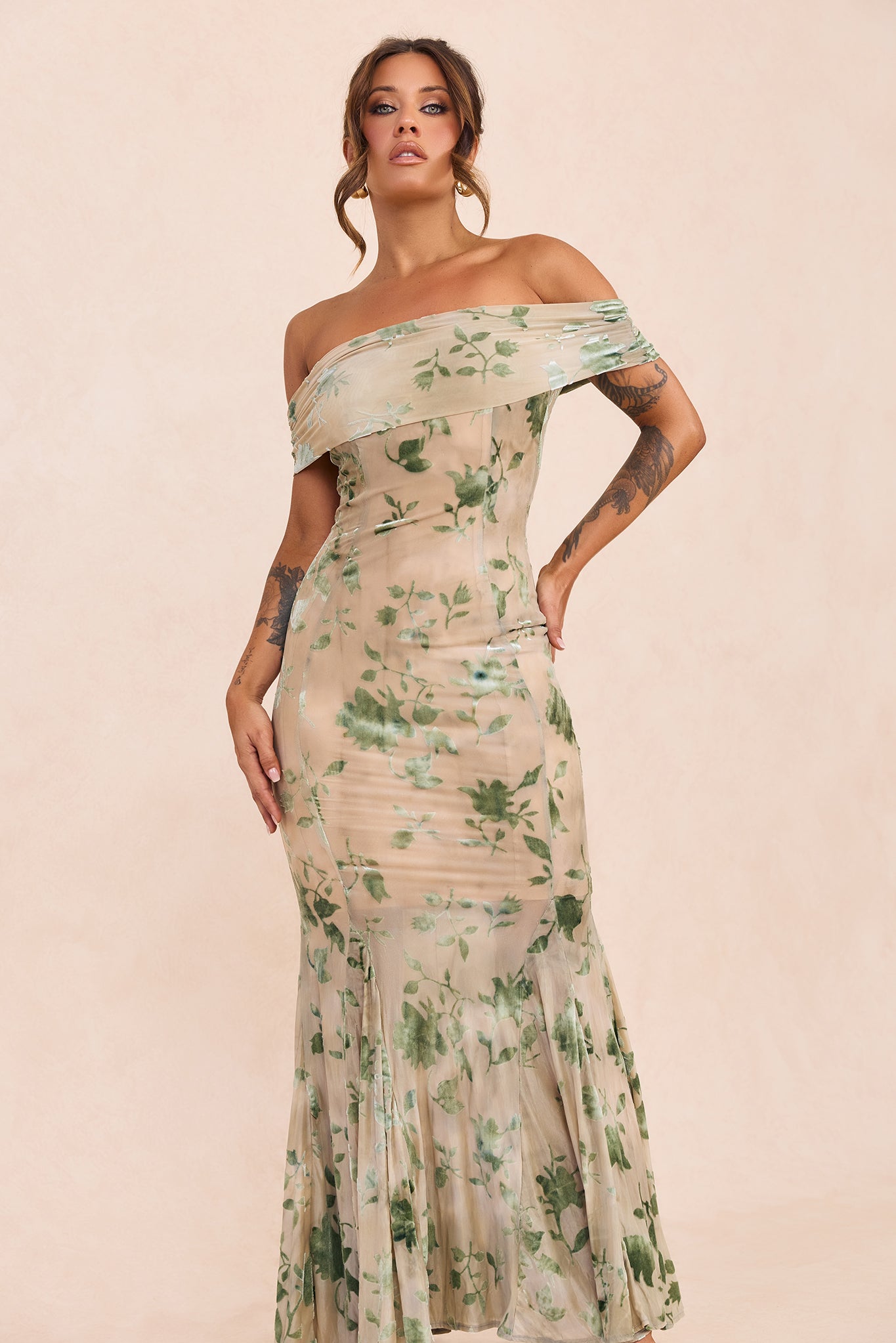 Serina Flocked Mesh Maxi Dress - Olive