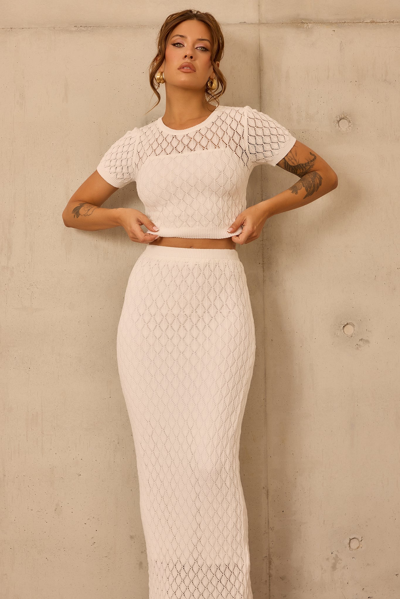 Sharp Hour Knit Midi Skirt - White