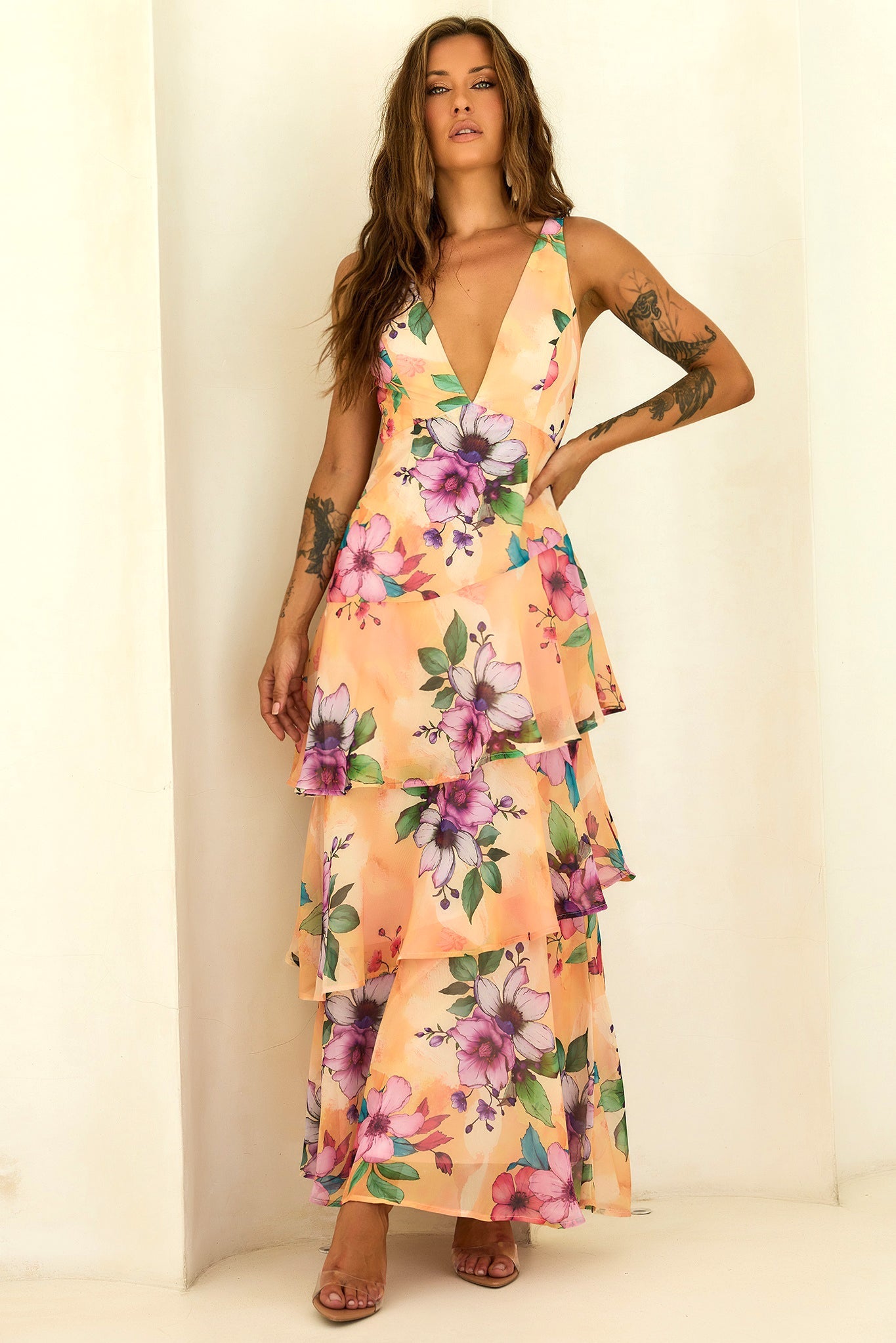Sunlit Candy Tiered Chiffon Maxi Dress - Yellow
