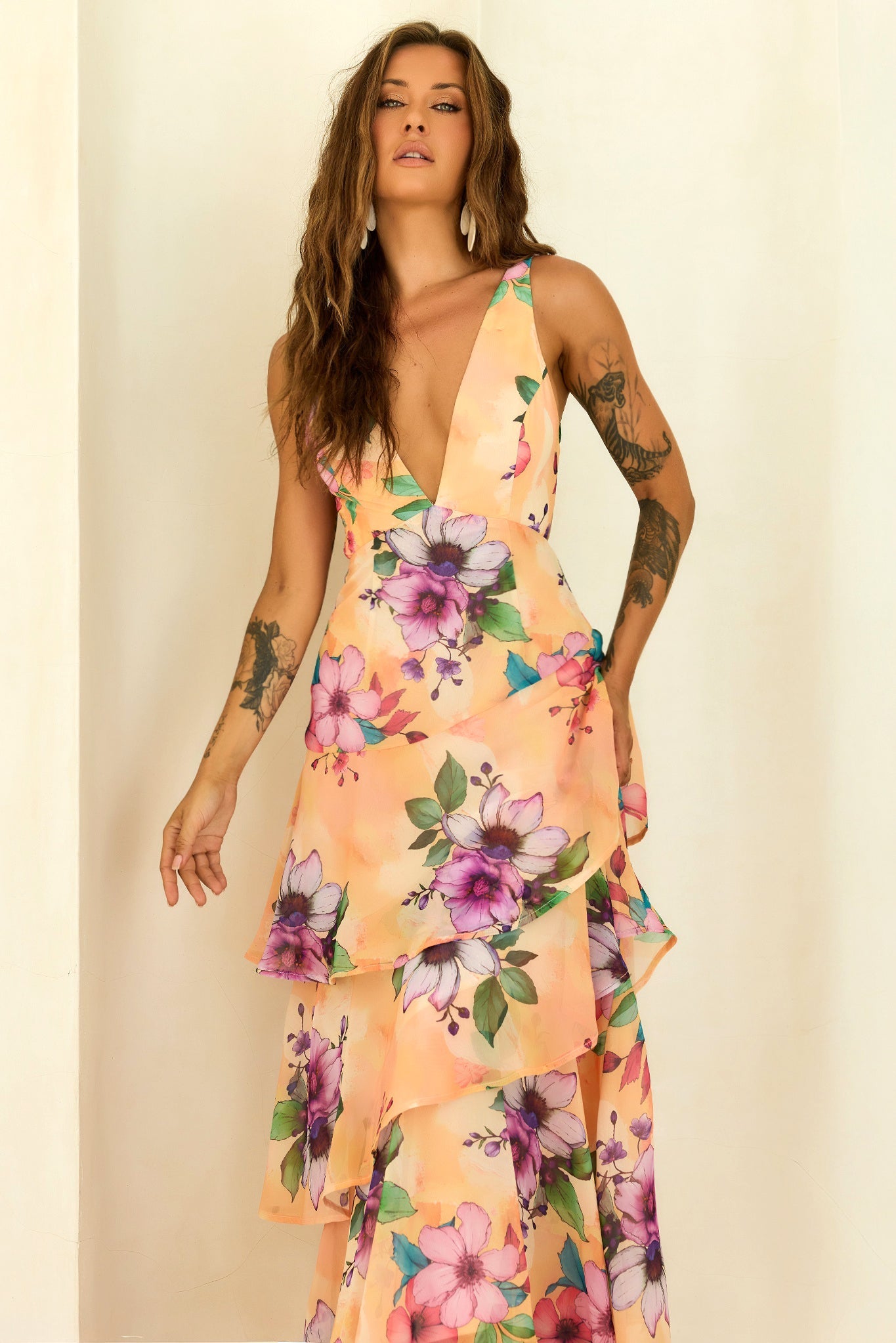 Sunlit Candy Tiered Chiffon Maxi Dress - Yellow