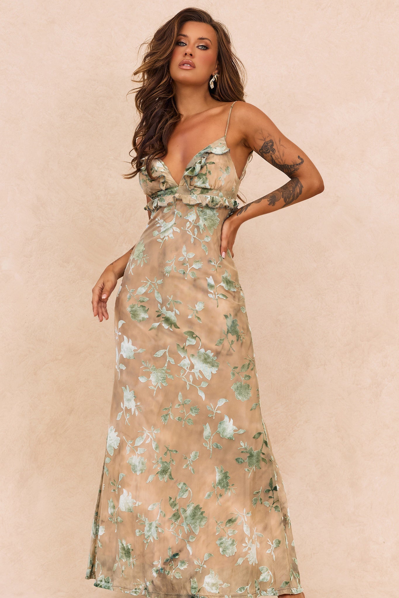 Whispering Garden Flocked Mesh Maxi Dress - Olive