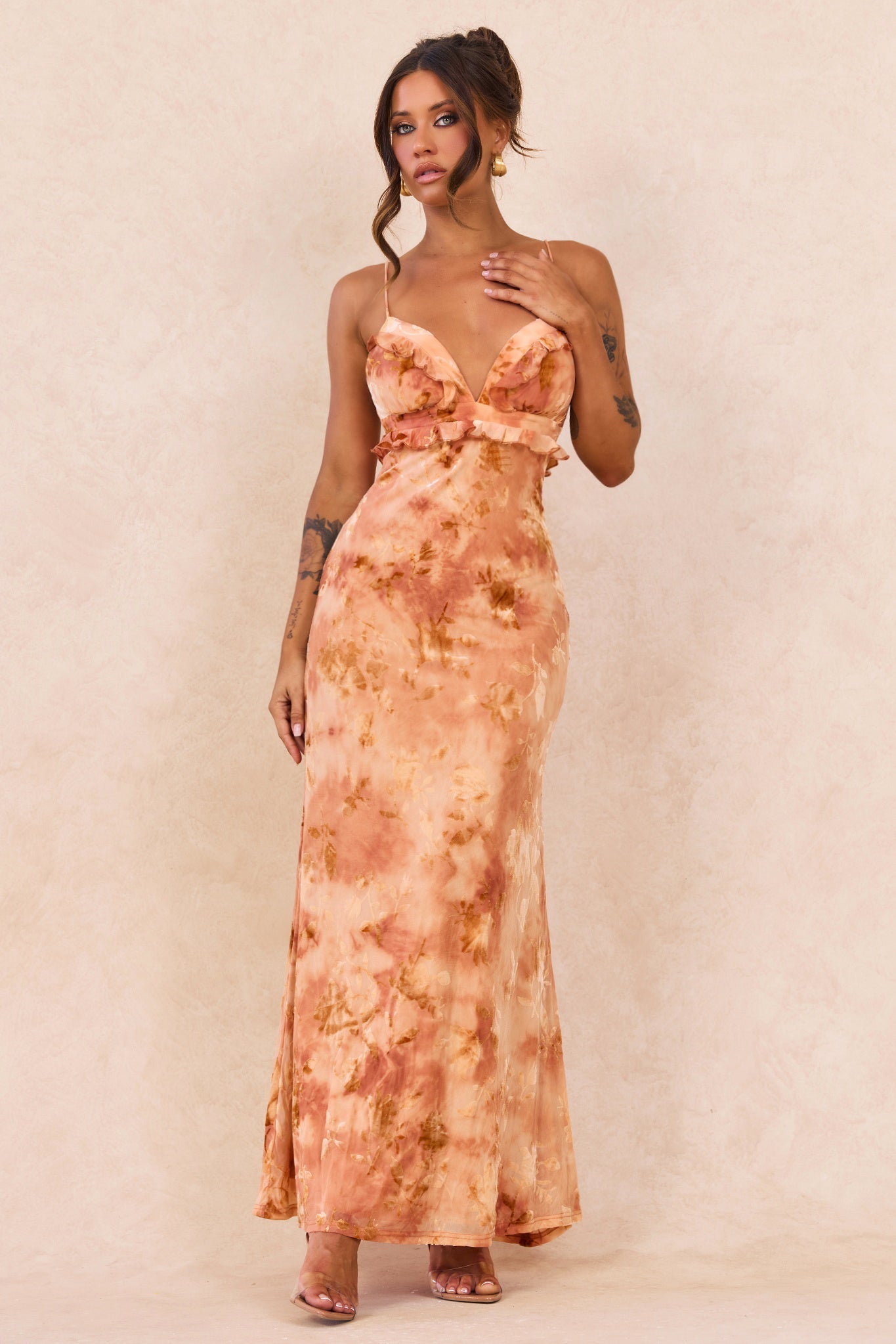 Whispering Garden Flocked Mesh Maxi Dress - Orange