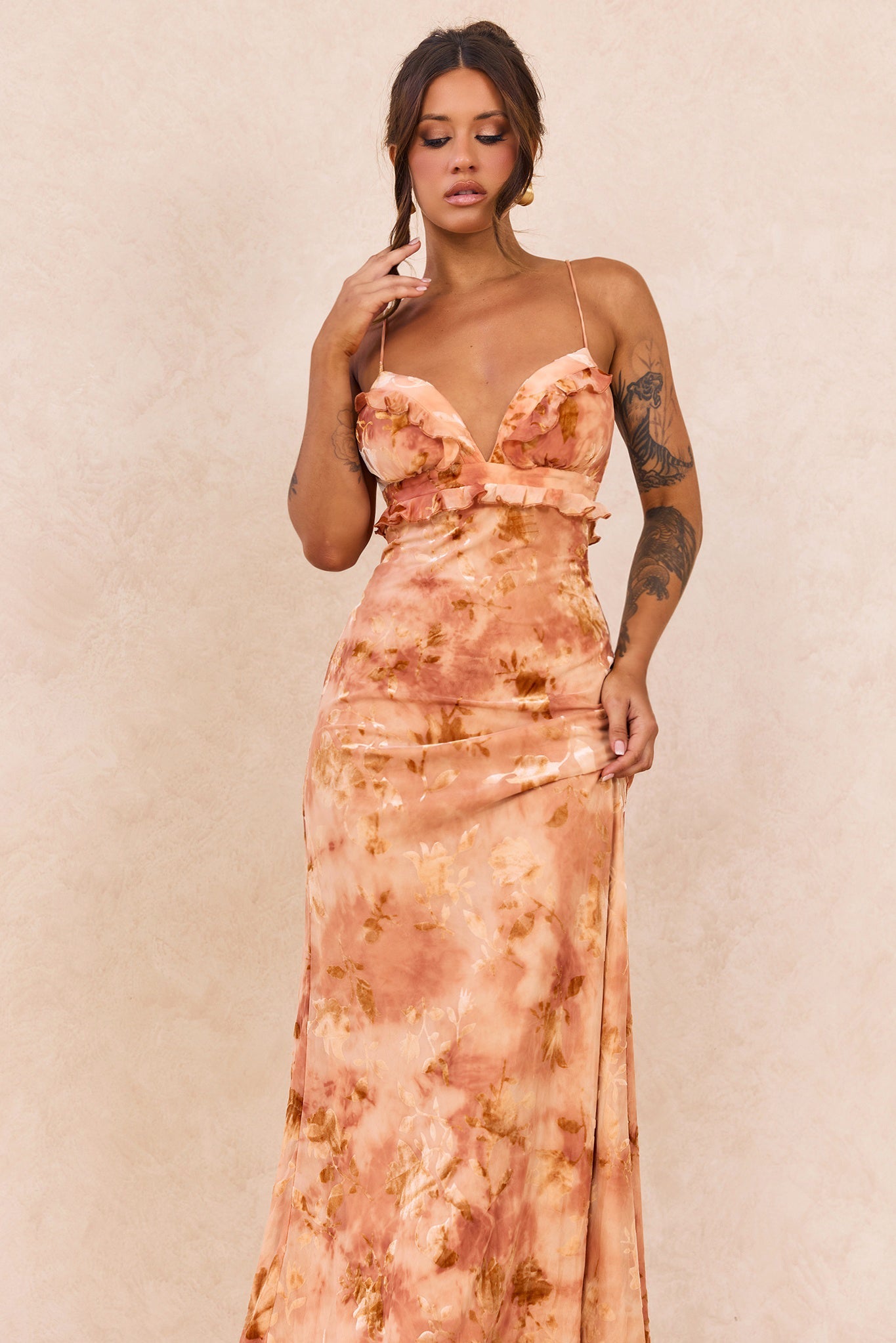 Whispering Garden Flocked Mesh Maxi Dress - Orange