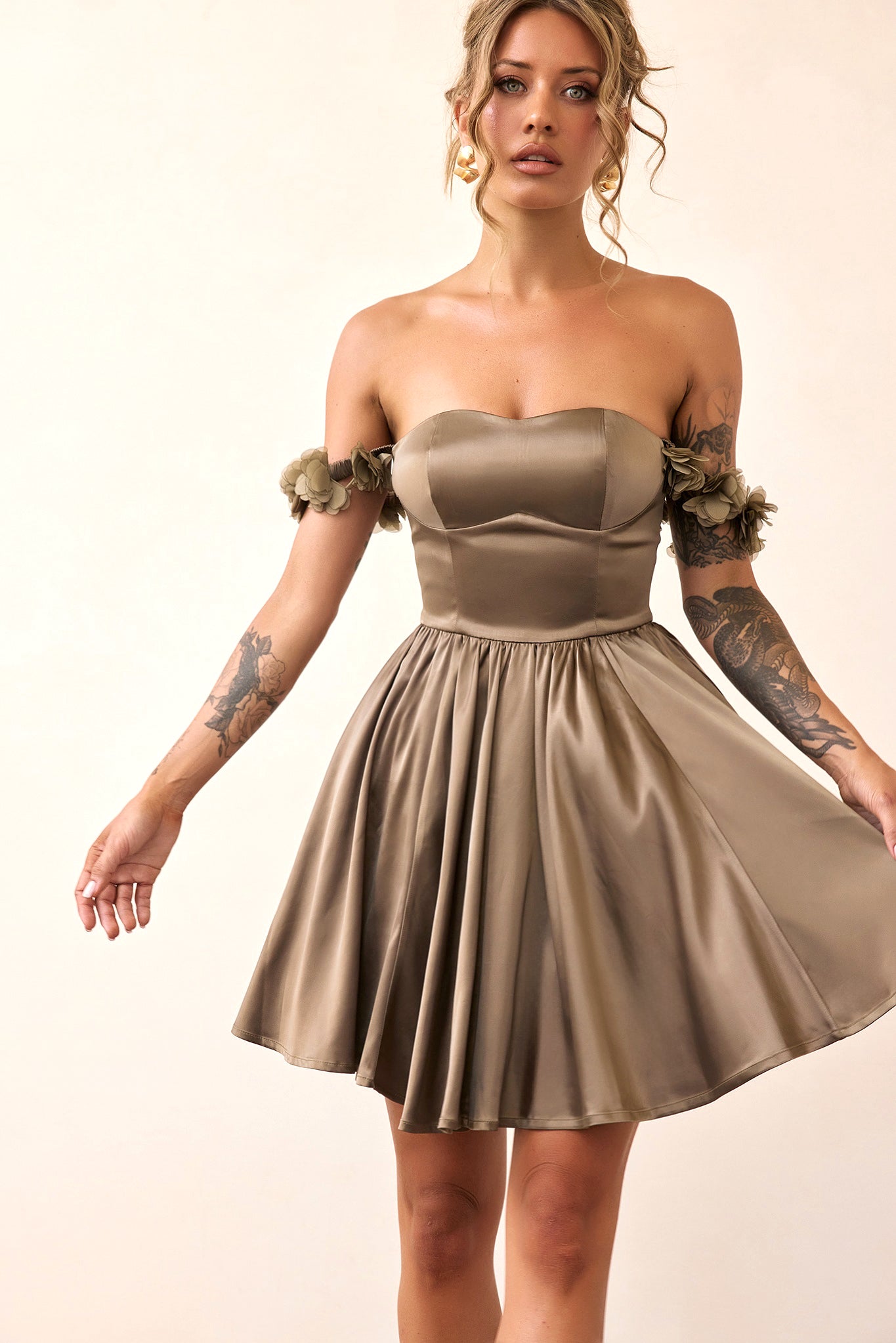 Soft Confession Satin Mini Dress - Olive Khaki