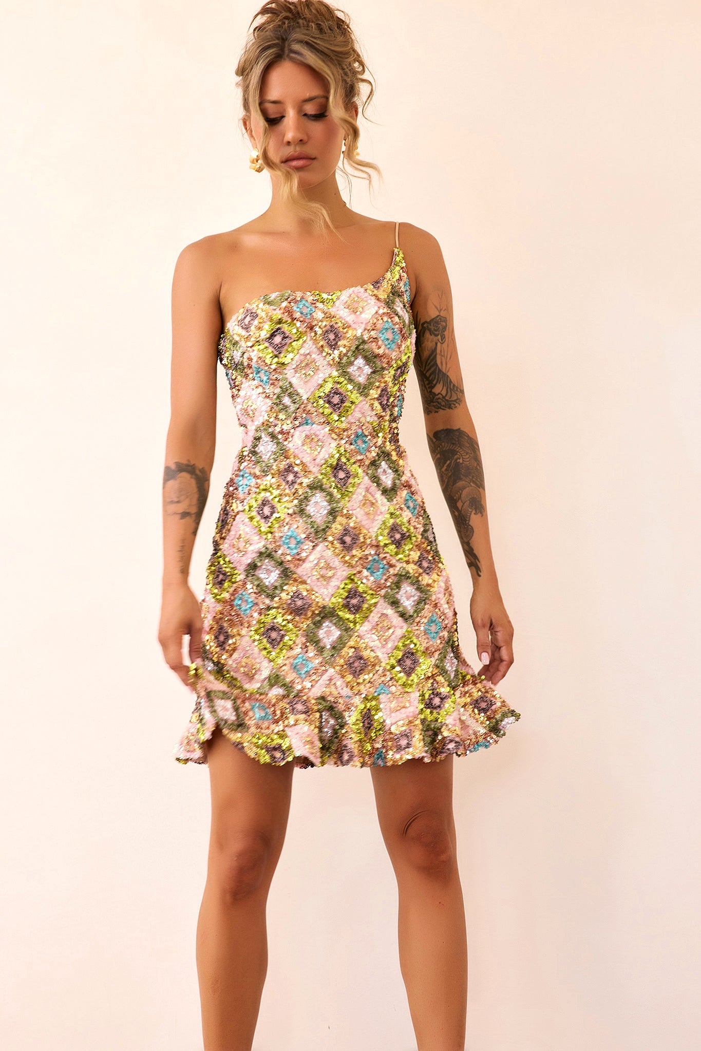 Mirage Mosaic Sequin Mini Dress - Lime Multi
