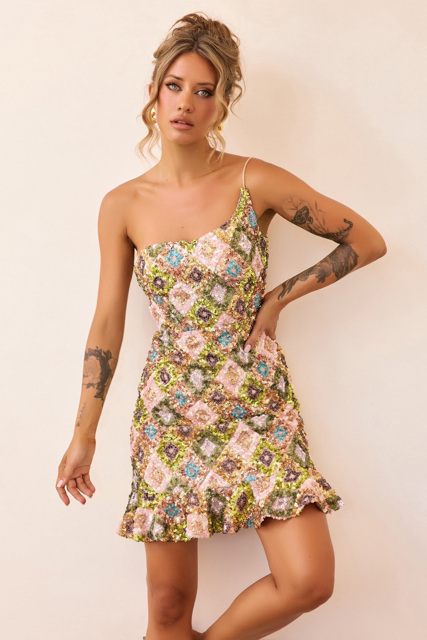 Mirage Mosaic Sequin Mini Dress - Lime Multi