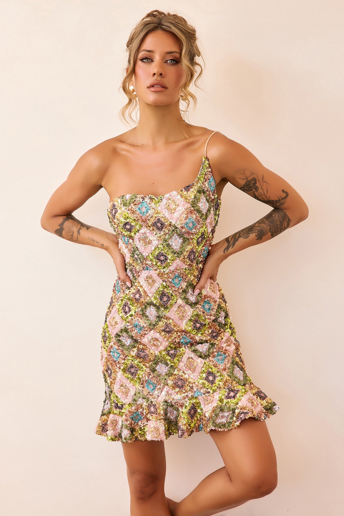 Mirage Mosaic Sequin Mini Dress - Lime Multi