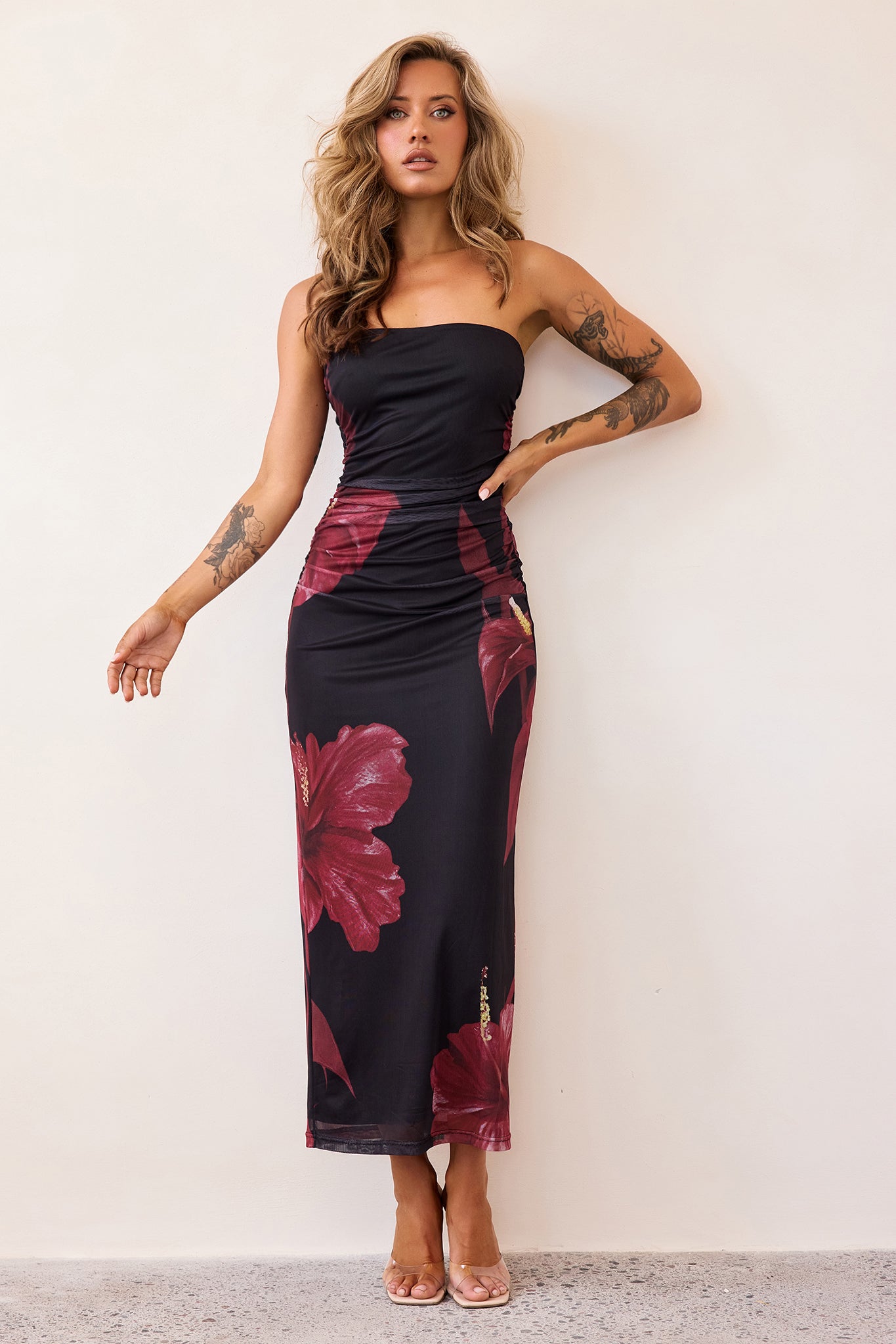 Crimson Whisper Mesh Midi Dress - Black