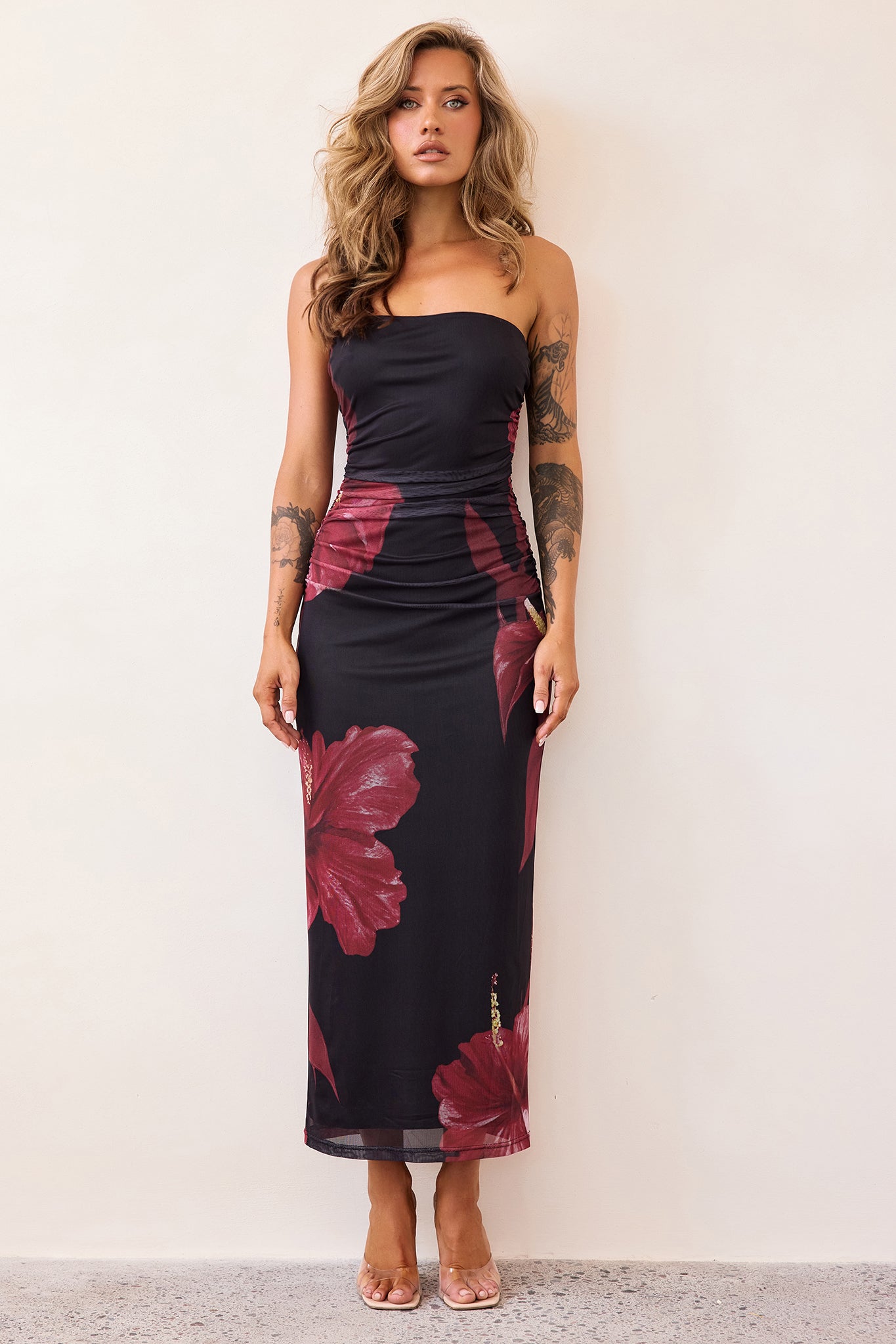 Crimson Whisper Mesh Midi Dress - Black