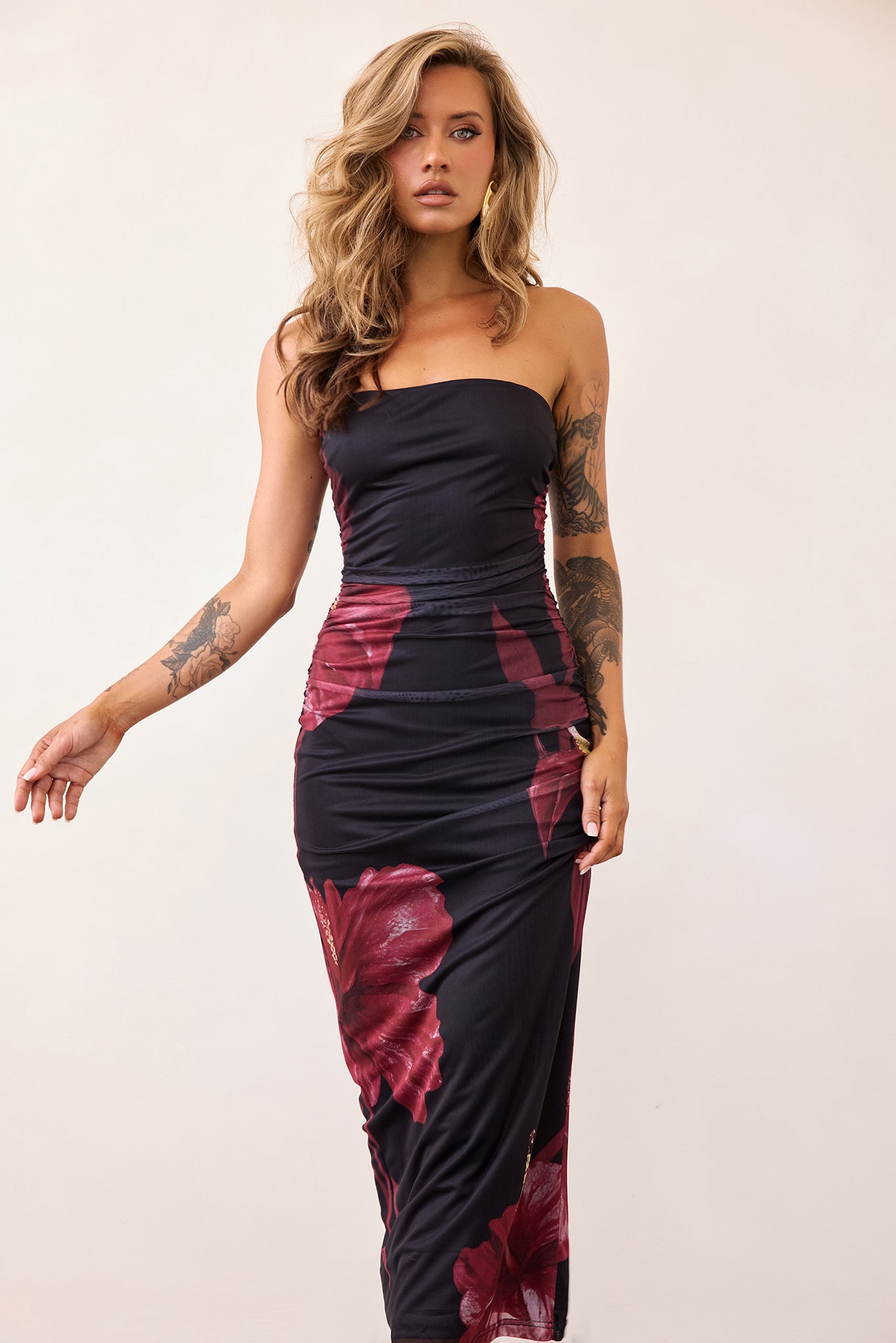 Crimson Whisper Mesh Midi Dress - Black