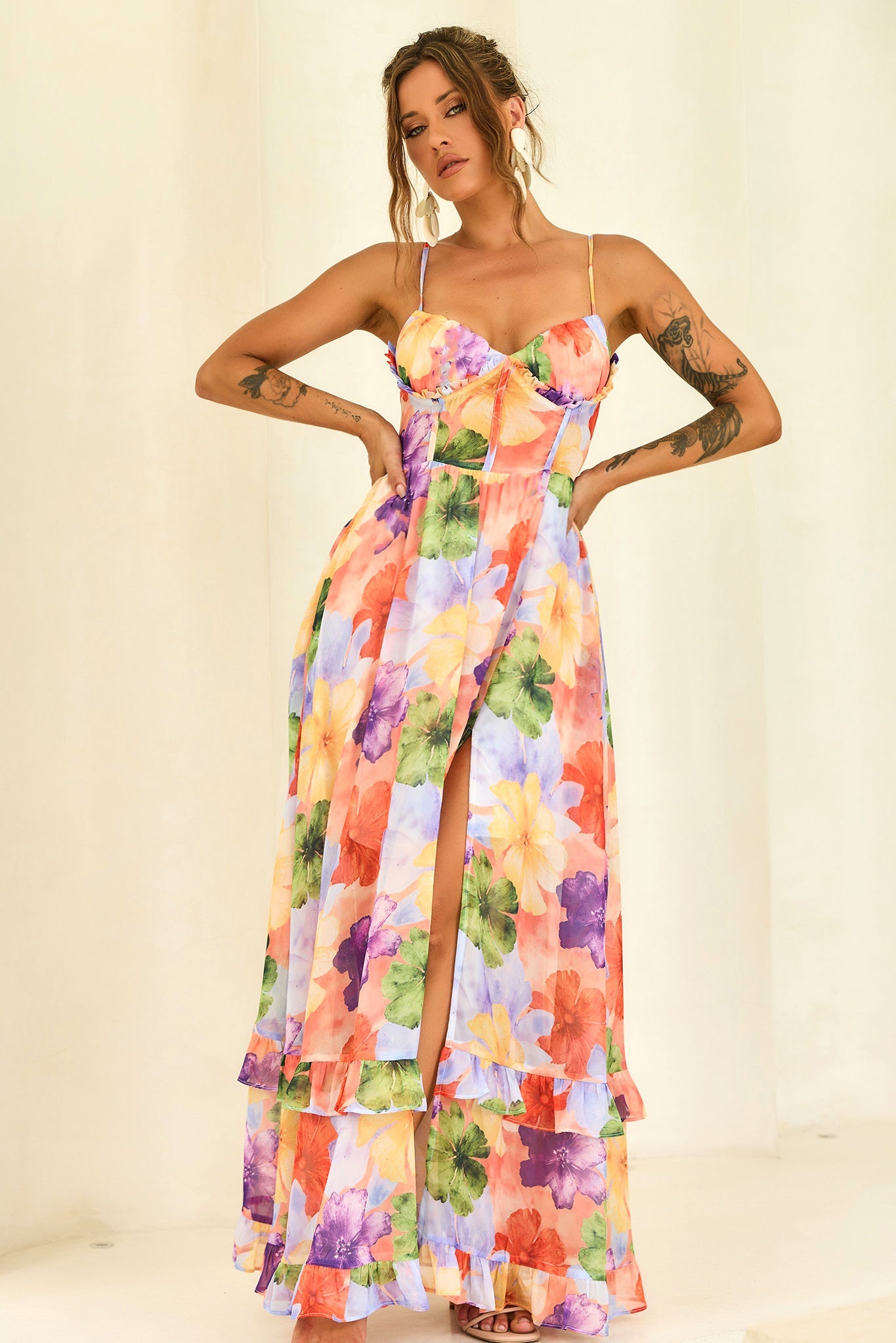 Azure Bloom Chiffon Maxi Dress - Orange Multi