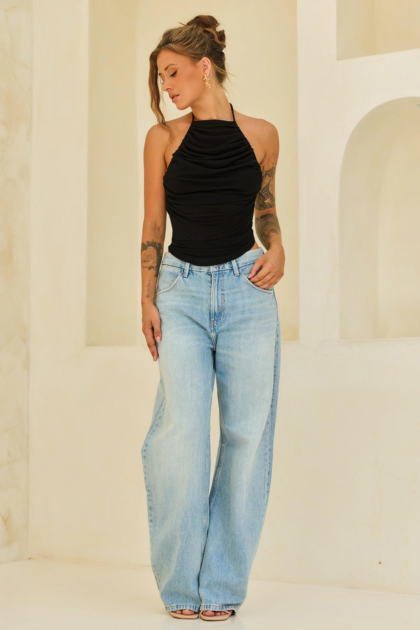 Contour Drape Ribbed Mesh Halter Top - Black