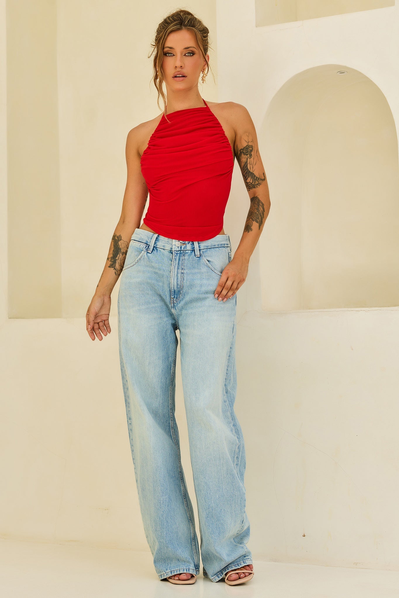 Contour Drape Ribbed Mesh Halter Top - Red